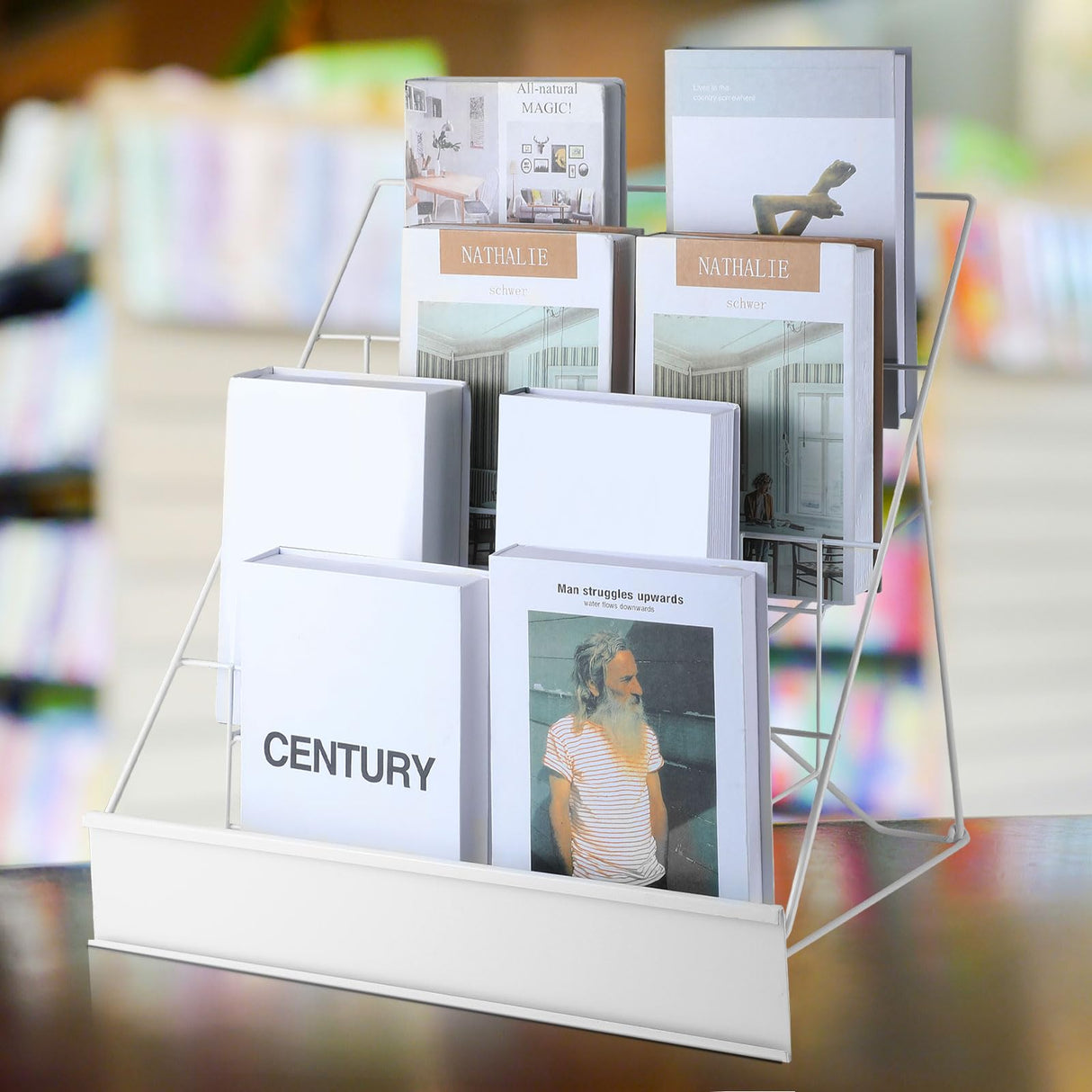 Sintuff Book Display Rack 4 Tier Comic Wire Book Display Rack 18" White Tabletop CD Magazine Retail Countertop Metal Racks for Display Library Classroom Picture Literature Sintuff