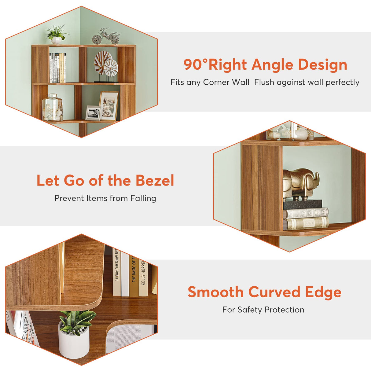 LITTLE TREE 6-Shelf Corner Bookshelf, 65” Tall L Shaped Bookcase, 6-Tier Industrial Corner Shelf Storage Display Rack for Living Room Home Office, Wood Grain Walnut LITTLE TREE