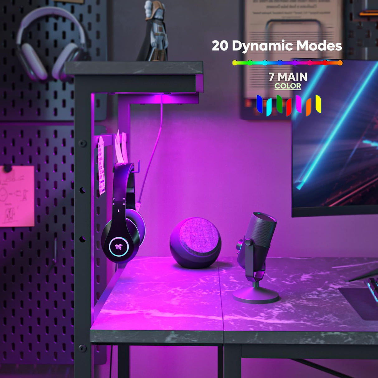 Bestier Gaming Desk with LED Lights, 51.3 Inch Computer Desk with 4 Tiers Reversible Shelves, Gamer Desk with Side Storage Bag, Hooks and Height Adjustable Shelf (Black Marble) Bestier