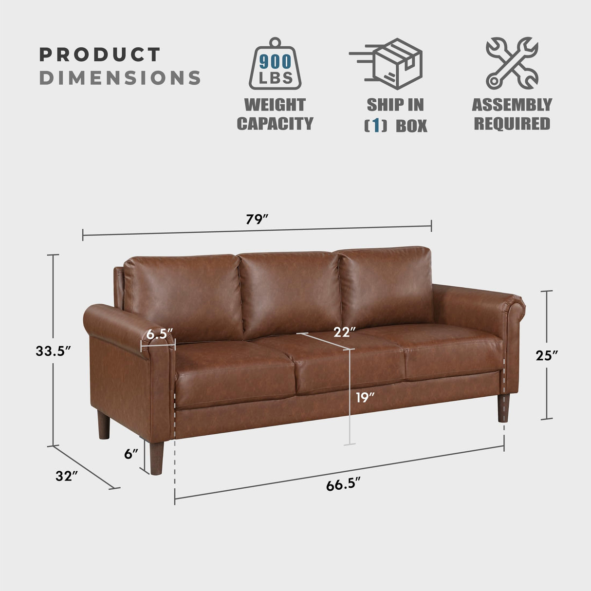 Lexicon 79" W Sofa Couch, Faux Leather Upholstered Couch, Sofa with Rolled Armrest for Bedroom/Office/Waiting Room, 3 Seater, Chocolate Lexicon