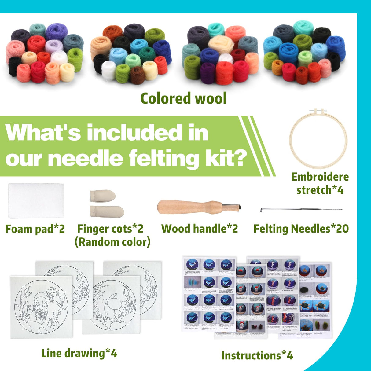 Fedmut Needle Felting Kit, Wool Felting Kit for Beginners Adult with Wool, Needles, Foam Pad, Felt Cloth and Instructions – 4 Set Sea Animals Painting Frame for Great Gift Decoration Fedmut