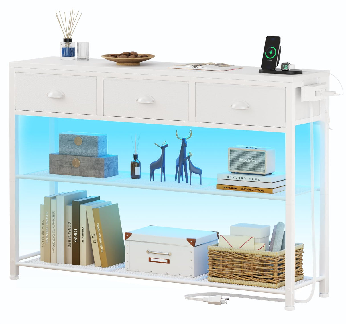 Furologee White Console Table with Charging Station & 3 Fabric Drawers, 38'' Entryway Table with Storage Shelves and LED Light, Industrial Foyer Table for Entry Way, Display Shelf for Hallway Furologee
