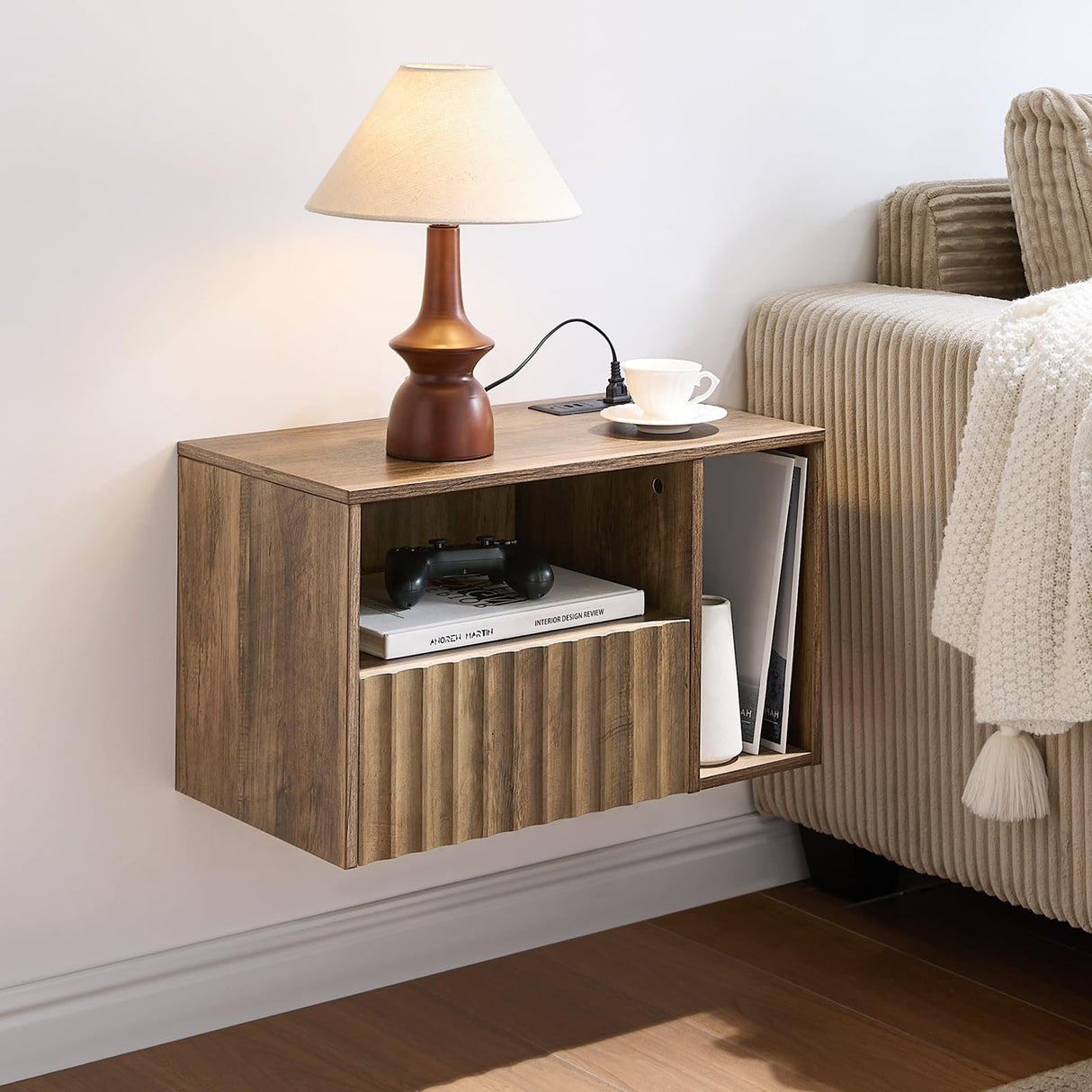 BuildHom Modern Rustic Brown Fluted Floating Nightstand with Charging Station, NightStand with Drawers, Bedside with USB Ports and Outlets, Bedroom Furniture (Right) BuildHom