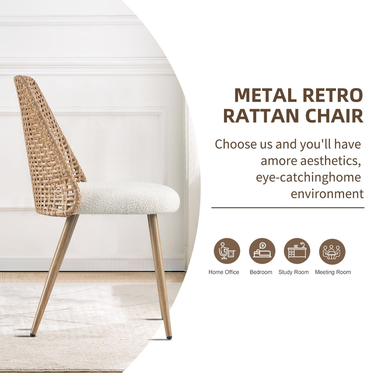 YLKHOME Rattan Dining Chairs Set of 4, Rattan Set of 4 Dining Chairs with Cane PE Rattan Backrest,Upholstered Boucle Fabric Dining Chairs Set of 4, Cesca Cane Dining Chairs for Bedroom, Kitchen YLKHOME
