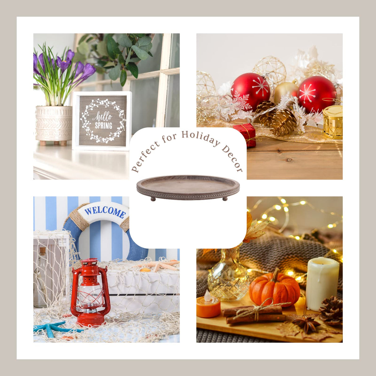 FESTWIND Decorative Tray, Oval Wooden Tray for Coffee Table Decor Kitchen Dinning Table Entryway, Small Beaded Tray for Holidays, Wood Tray Distressed Brown FESTWIND