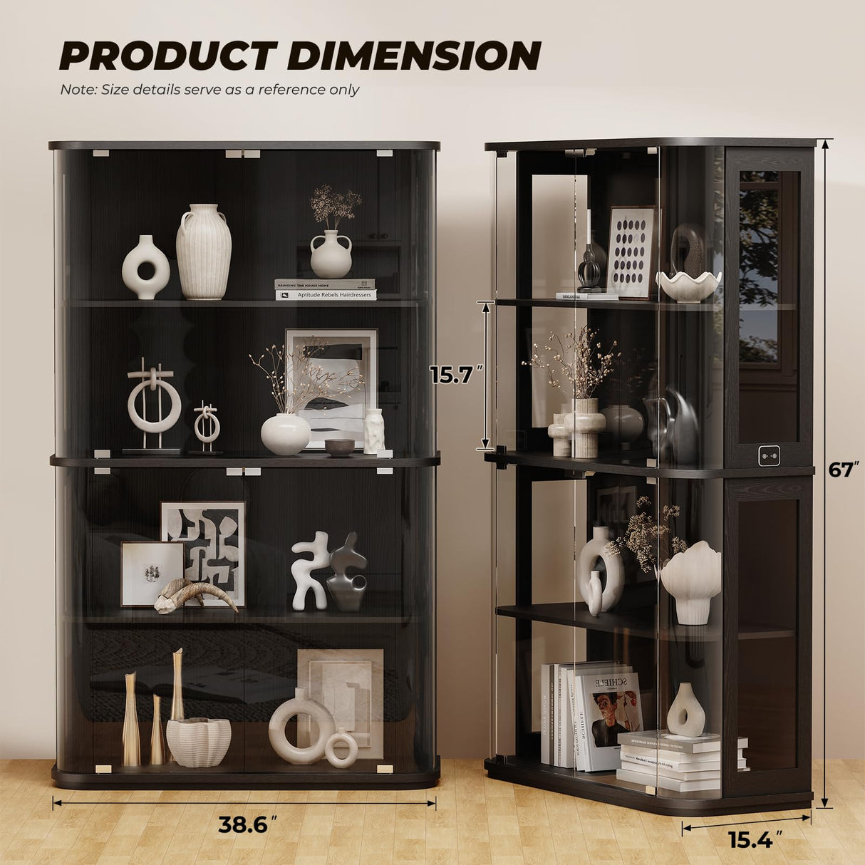 BROTTAR Large Rounded Display Cabinet with Glass Door, 4-Tier Curio Cabinet with 3 Color Lights for Collectibles, Glass Display Case with Transparent Full-Display Surface, Human Body Sensor, Black BROTTAR