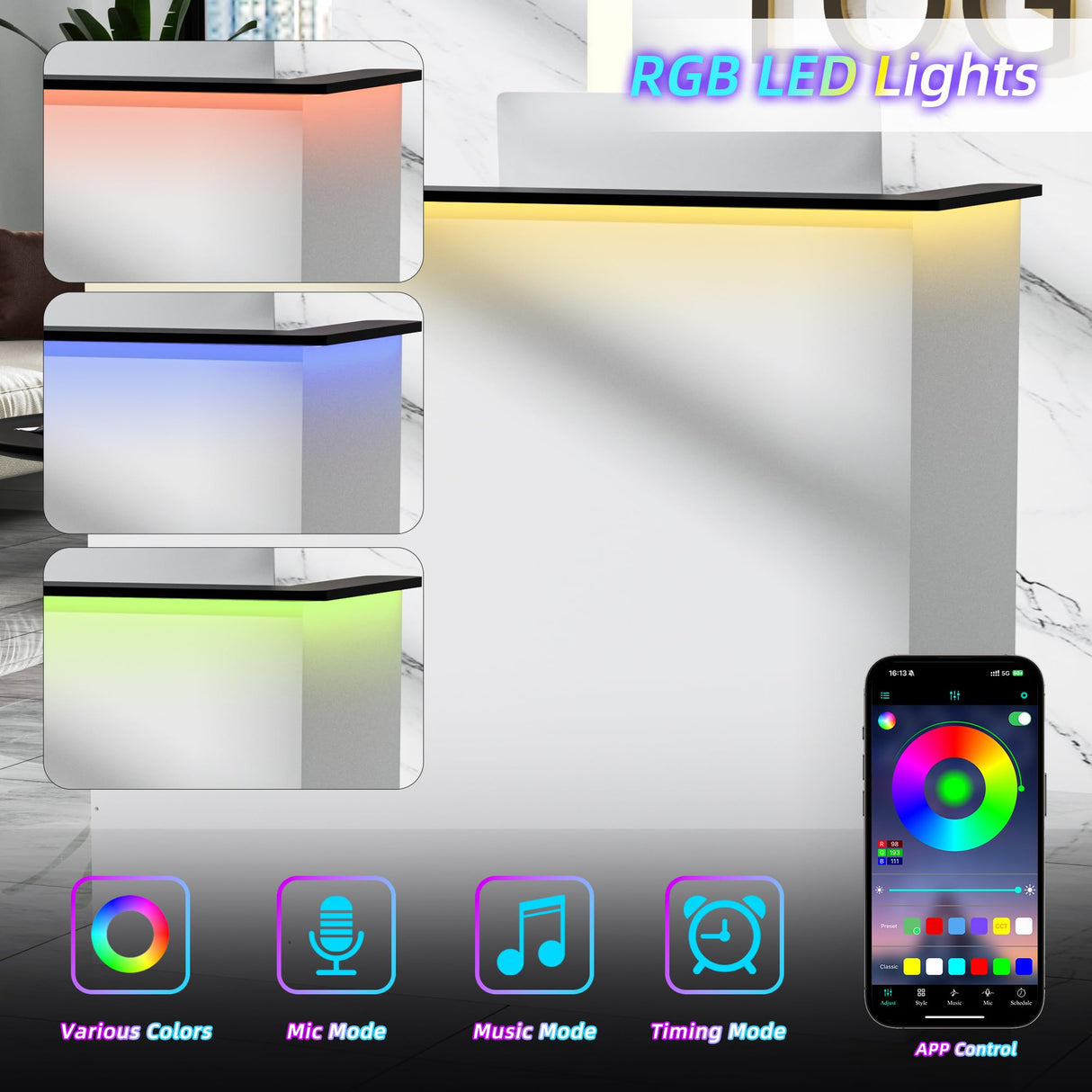 OUTGUAVA Modern Front Desk & Reception Desk with LED Lighting, 50-inch Retail Counter with Power Socket, DIY Stripe for Checkout, Lobby, Salon, Offices - White OUTGUAVA