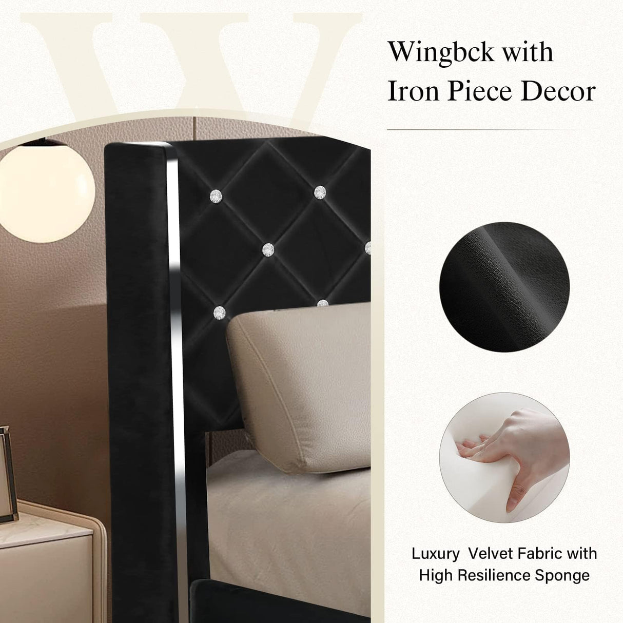 HOMBCK Queen Size Bed Frames with Headboard, Black Velvet Queen Bed Frame with Wingback, Upholstered Bed Frame with Diamond Headboard, Wood Slat Support, No Box Spring Needed, Easy Assembly HOMBCK