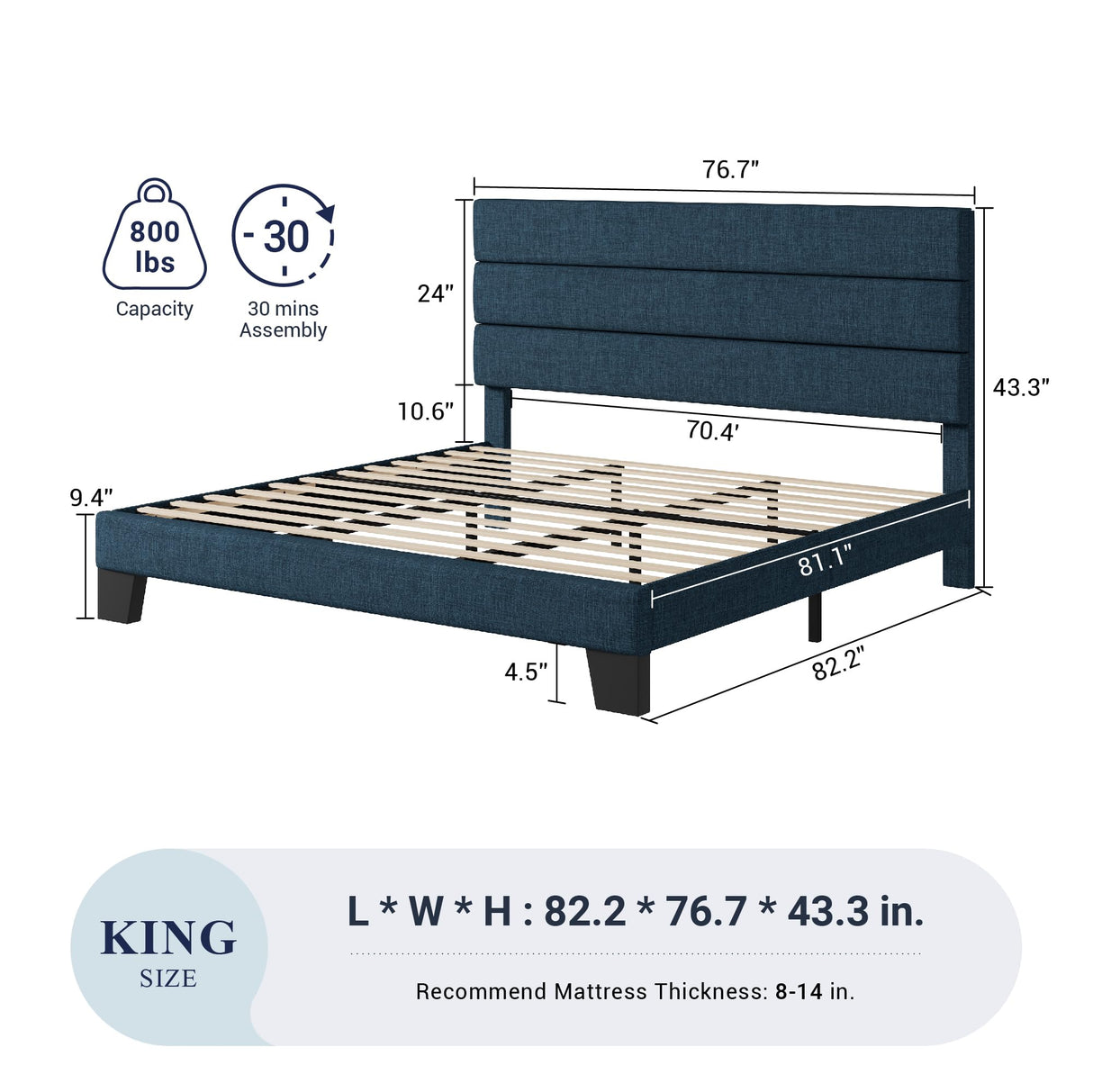 Allewie King Size Platform Bed Frame with Fabric Upholstered Headboard and Wooden Slats Support, Fully Upholstered Mattress Foundation/No Box Spring Needed/Easy Assembly, Navy Blue Allewie