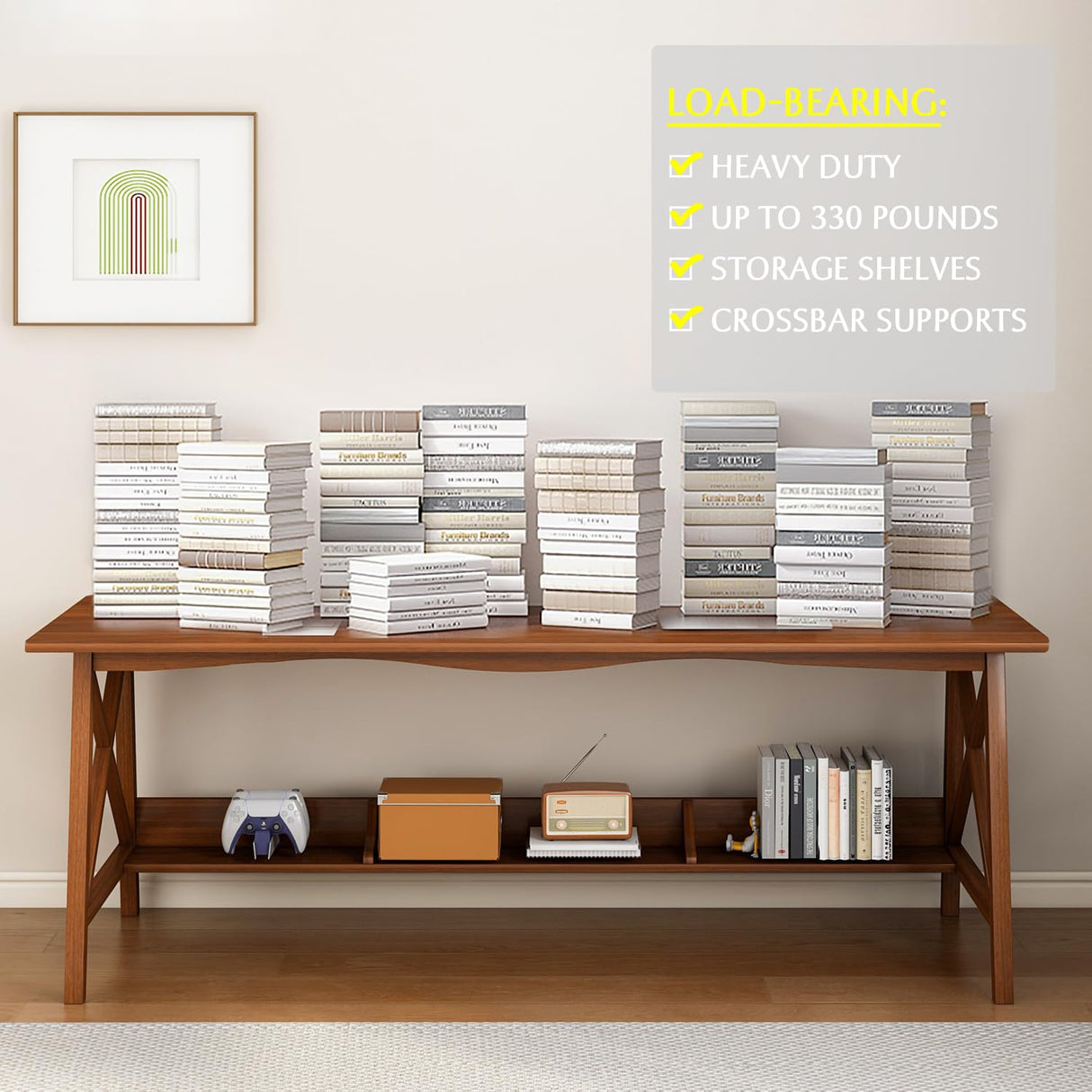 NELYE Oak Extra Long Minimalist Desk with Bookshelf - Solid Wood 2-Person Workstation for Home Office NELYE