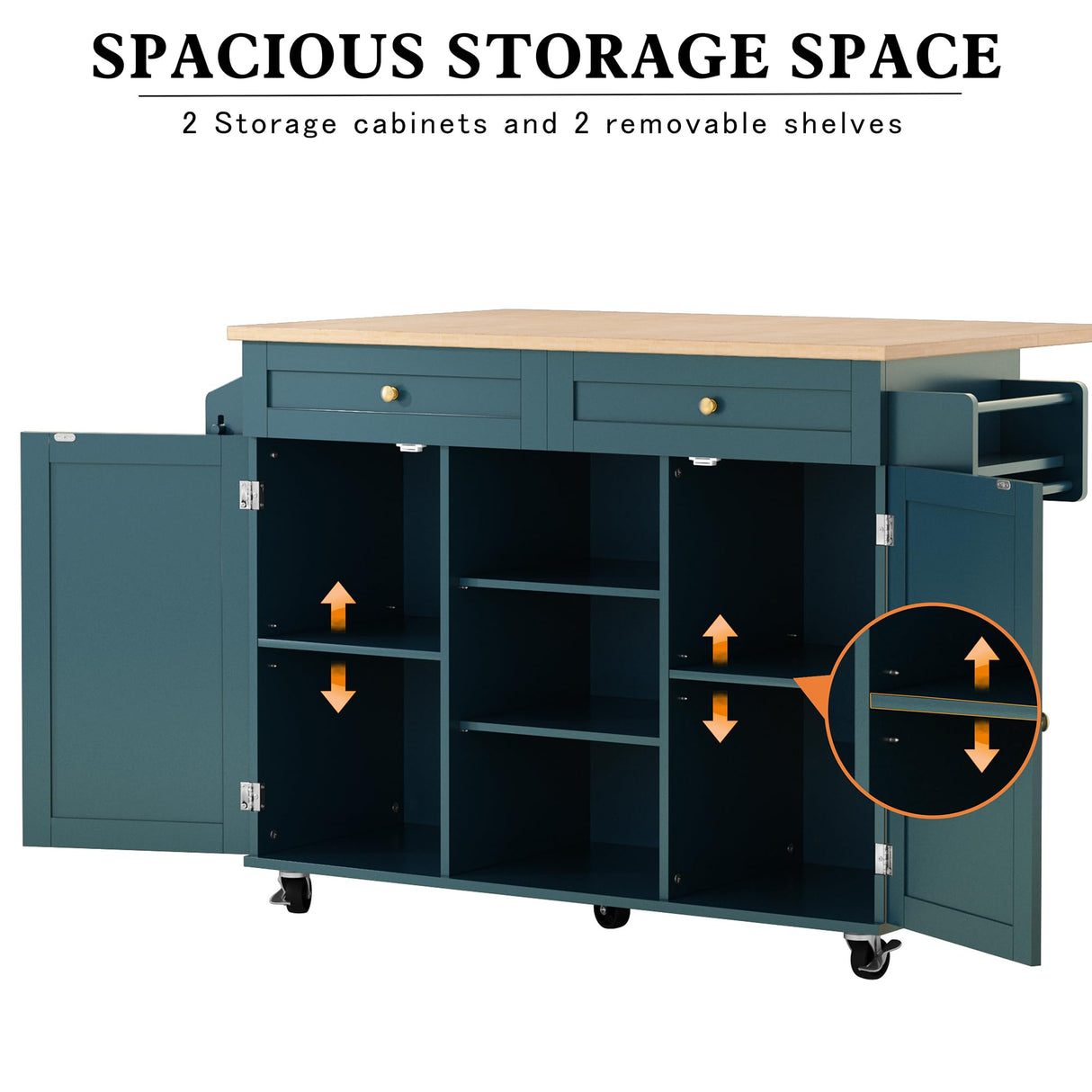 HLR Kitchen Island On Wheels, Rolling Kitchen Island Cart with Drop Leaf Countertop, Barn Door Kitchen Island Table with Storage Cabinet and Tower Rack, Island Table for Kitchen (Dark Teal) HLR