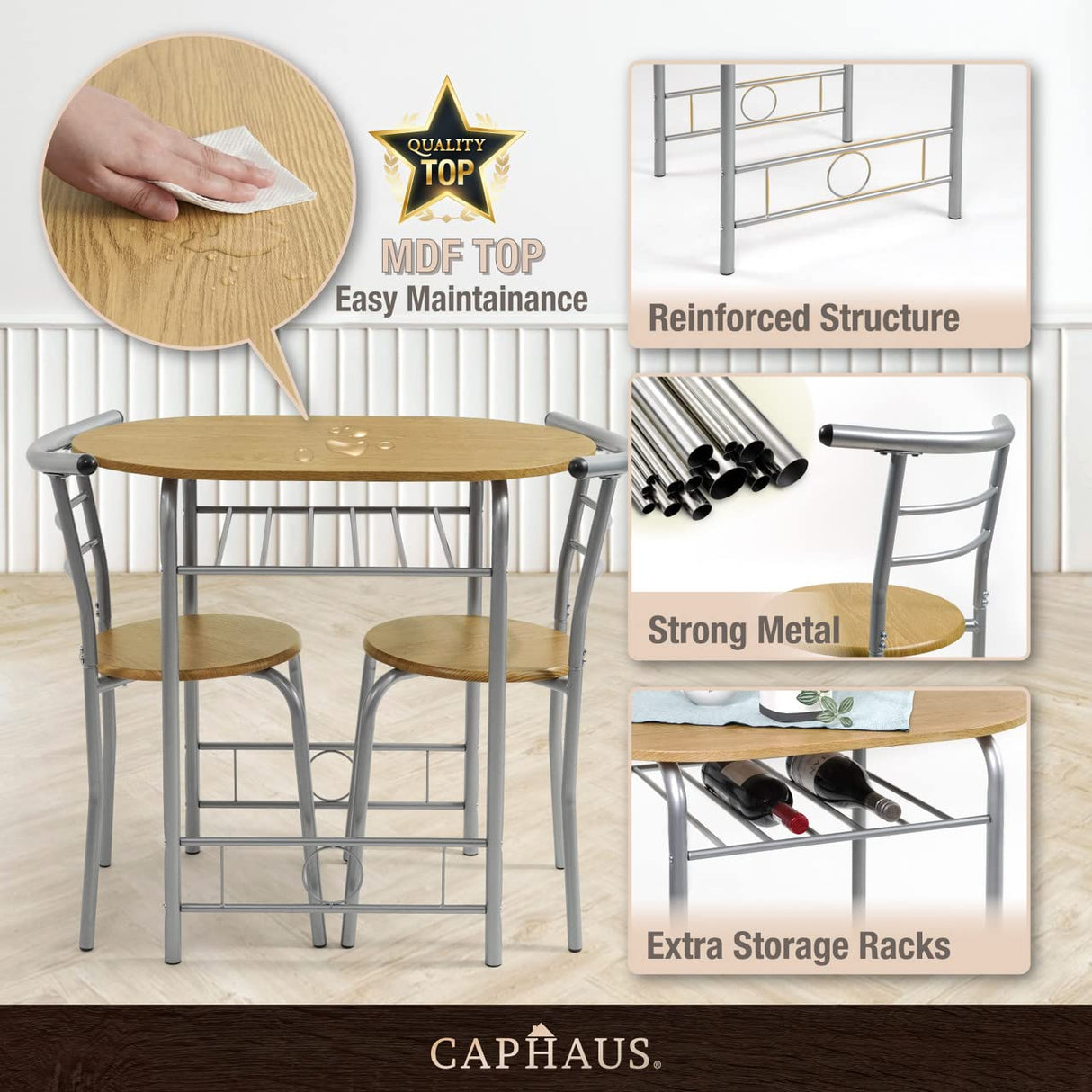 CAPHAUS 3 Pieces Dining Set for 2, Small Kitchen, Dining Room Table Set w/Steel Frame, 3 Pieces Patio Set w/Wine Rack, Small Dining Table Set for 2, Outdoor Dining Round Table Set, Natural Oak CAPHAUS