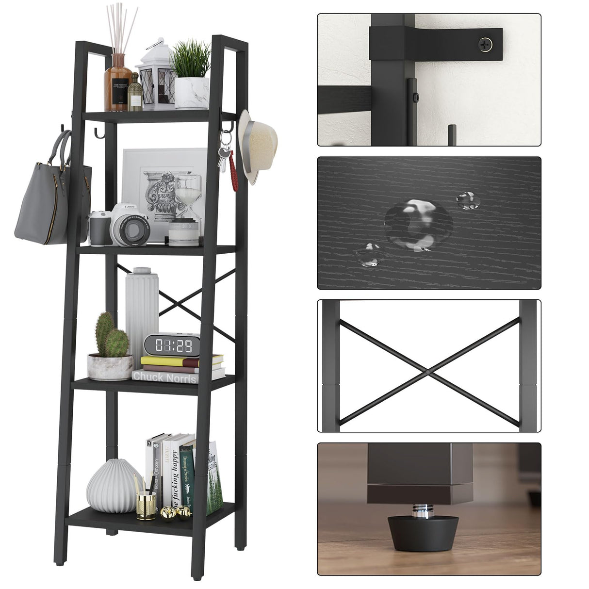 YMYNY 4 Tiers Ladder Bookcase, Industrial Narrow Bookshelf, Open Display Rack with 4 S Hooks, Metal Storage Shelves for Bedroom, Home Office, Living Room, Black, 49.2H*13.4L*11.8W, UHBC024B YMYNY
