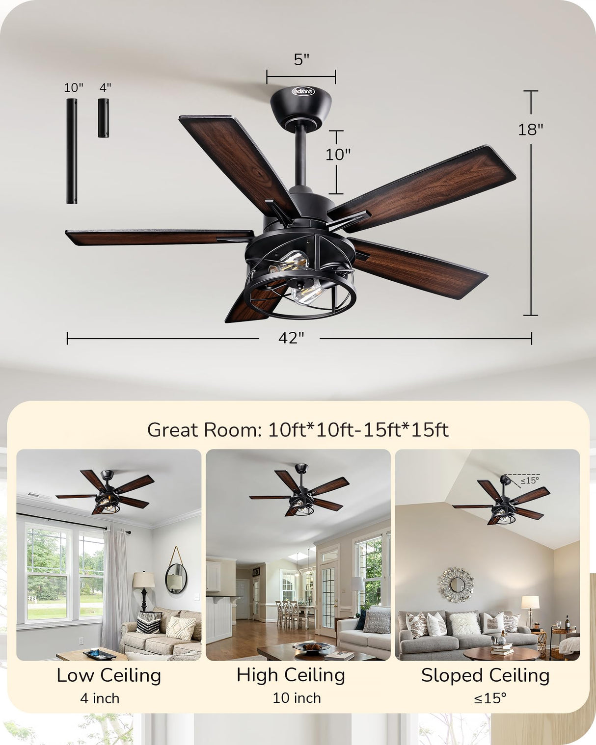 EDISHINE 42“ Farmhouse Ceiling Fans with Lights, Remote Control, Dimmable, 6 Speeds, 5 Wood Blades, DC Reversible Motor, Timer, Noiseless, Small Rustic Ceiling Fan for Bedroom Living Room, UL Listed EDISHINE
