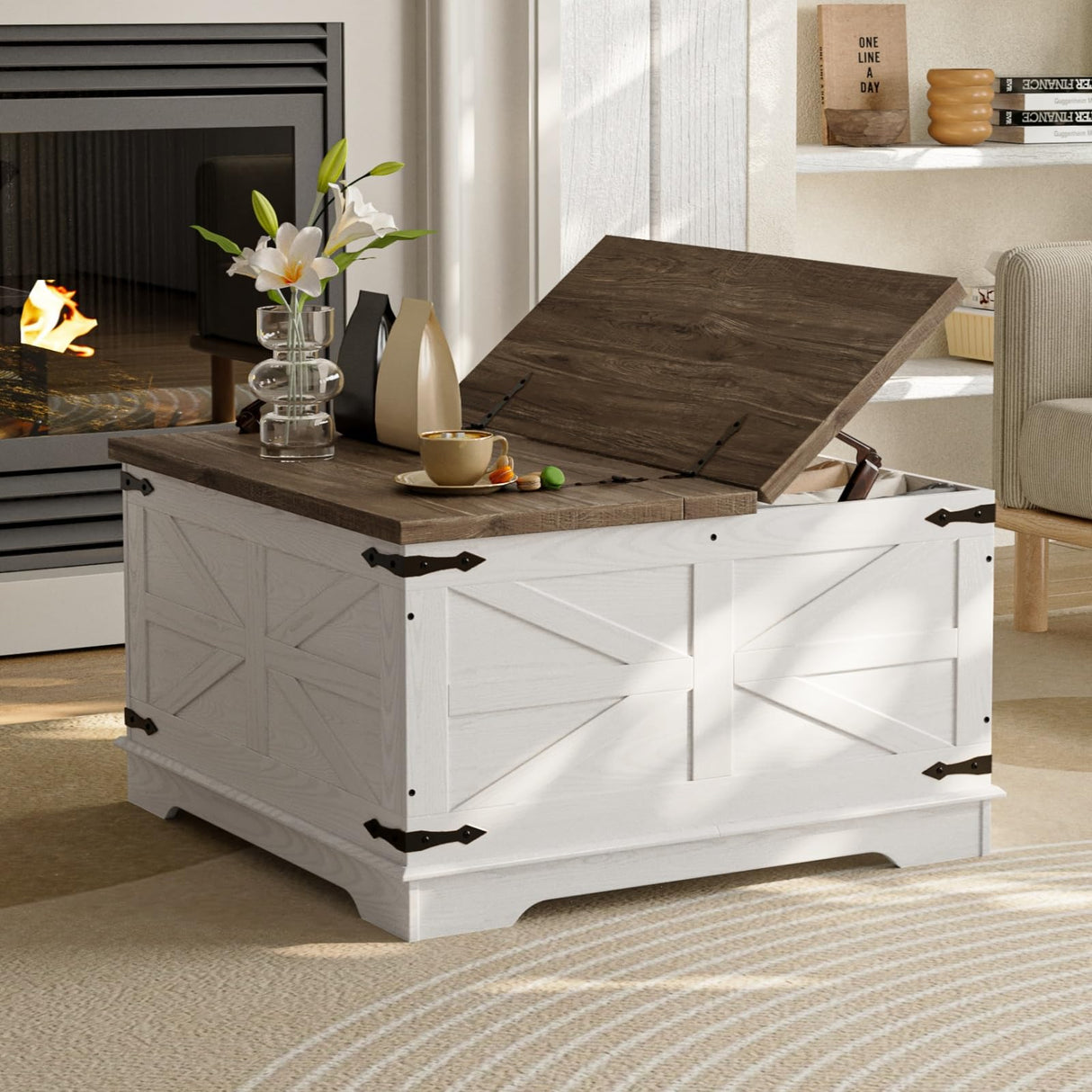 Farmhouse Coffee Table, Heavy-Duty Coffee Table with Storage, Square Wood Center Table Set for Living Room with Pull Up Large Hidden Storage Compartment, Maple White senlin