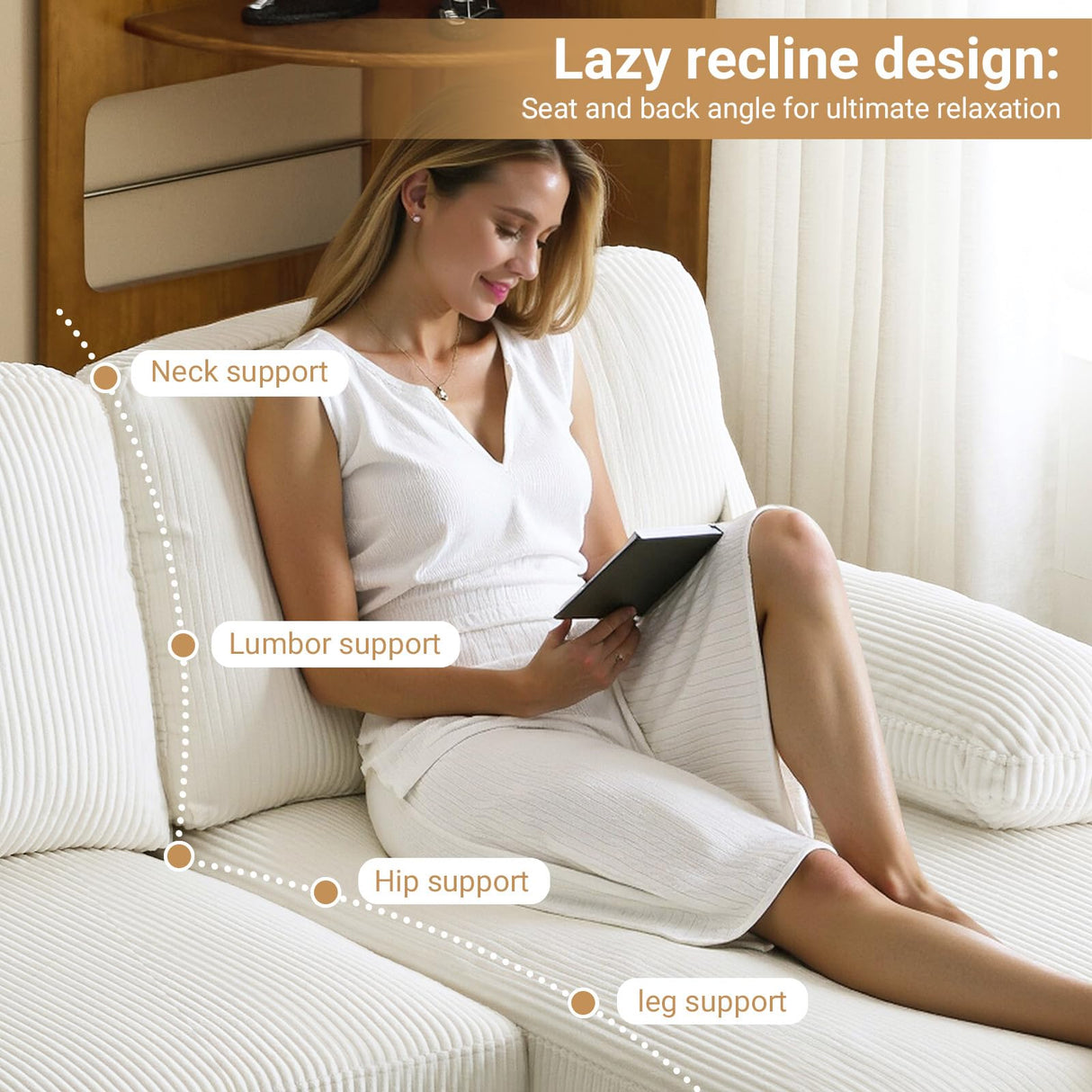 VINGLI 110' U Shaped Comfy Sectional Couch, Double Chaise Sofa in Corduroy Fabric for Apartment, 4-Seater Upholstered Couch with Memory Foam, Modern Couches for Living Room, Small Space, Beige VINGLI