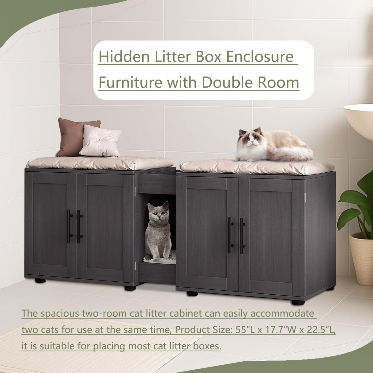 Cat Litter Box Enclosure Furniture for 2 Cats, 55" Large Hiddden Cat Litter Box Enclosure Furniture 3-IN-1 Wooden Cat Litter Cabinet with Barn Door & Double Rooms for Bedroom Living Room, Walnut GAOMON