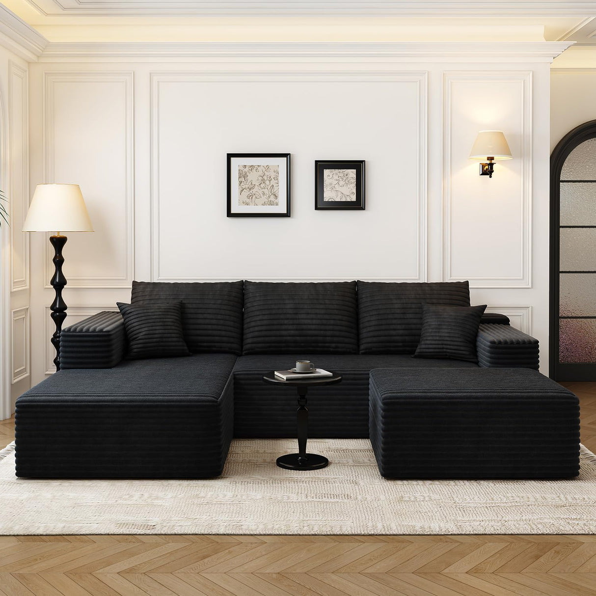 107.5" Cloud Modular Sectional Sofa with 1 Ottoman,Modern Minimalist Upholstered Couches, Comfort U Shaped Sofa for Living Room,Deep Seat Corner Couch,No Assembly Required (Black,Left Facing Chaise) Settab