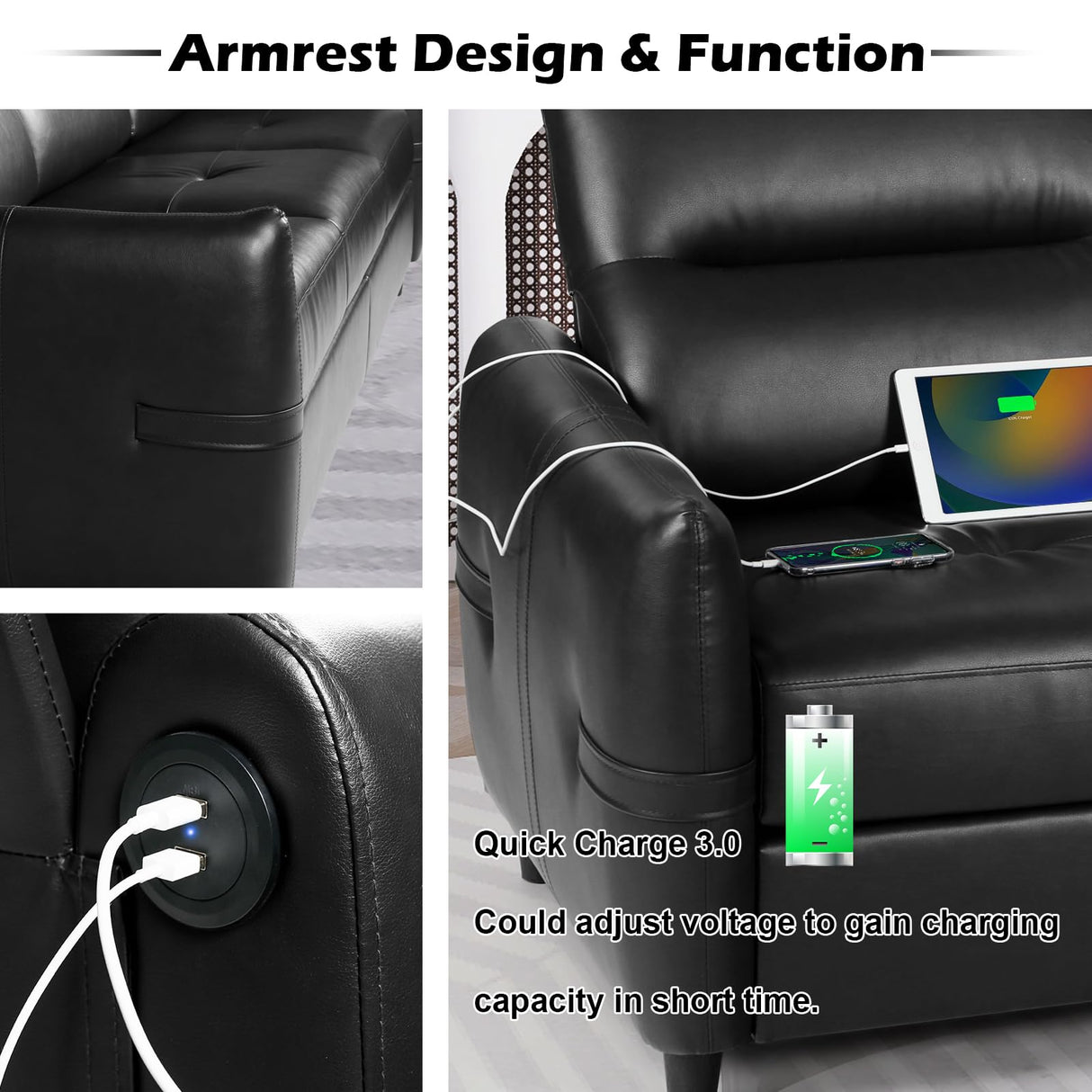 STHOUYN 85” Black Faux Leather Couch with USB, 3 Seater Sofa Couches for Living Room, Large Mid Century Modern Office Apartment Couch (Black) STHOUYN