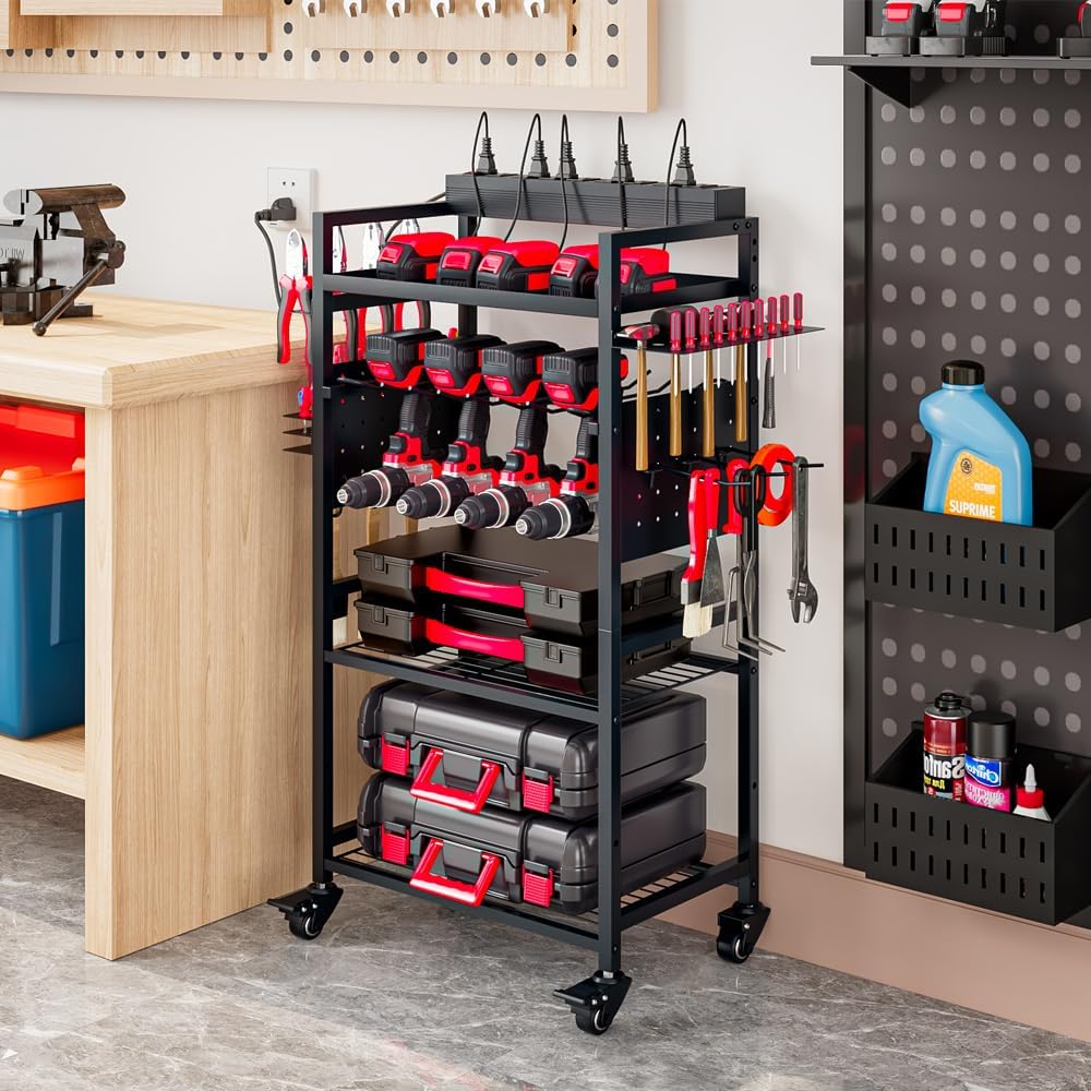 INGIORDAR Large Power Tool Organizer Cart with Charging Station, Garage Floor Standing Rolling Drill and Tools Battery Storage Cart on Wheels, Heavy Duty Utility Rack Shelf for Men, Husband, Father. INGIORDAR