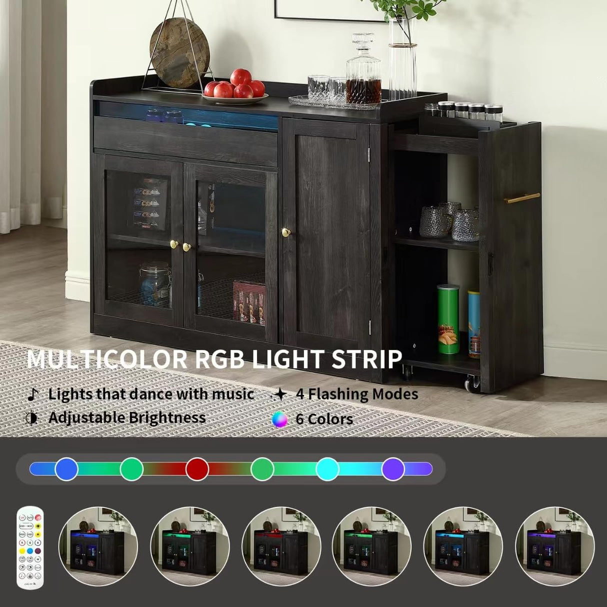 FOREST GRAVITY Smart Buffet Cabinet ,Sidecart brining Things Anywhere You Want,Coffee bar Cabinet, Liquor Cabinet,Sideboard Cabinet,Dancing LED Lighting, with 3 Doors,for Kitchen,Living Room,Black FOREST GRAVITY