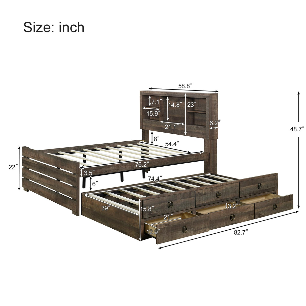 VilroCaz Rustic Brown Full Size Captain Bed with Bookcase Headboard, Drawers & Trundle VilroCaz