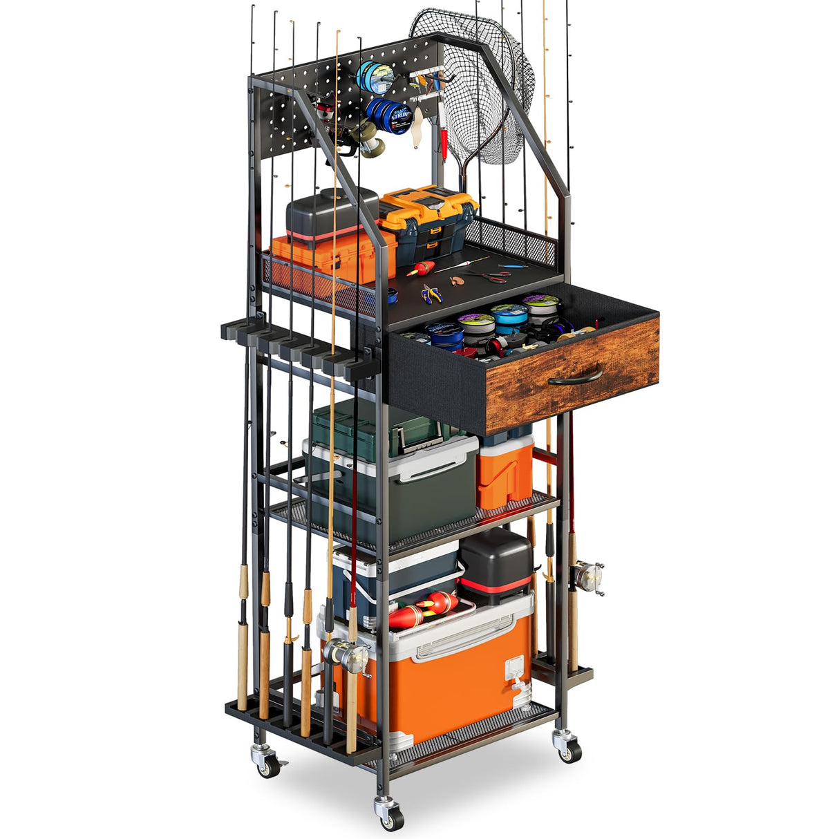 JIRTEMOT Fishing Rod Holder Organizer with Fabric Drawer & Pegboard, Space-Saving Garage Storage for 12 Rods, Reels, Tackle Boxes, Portable Fishing Gear Cart for Easy Access & Mobility JIRTEMOT