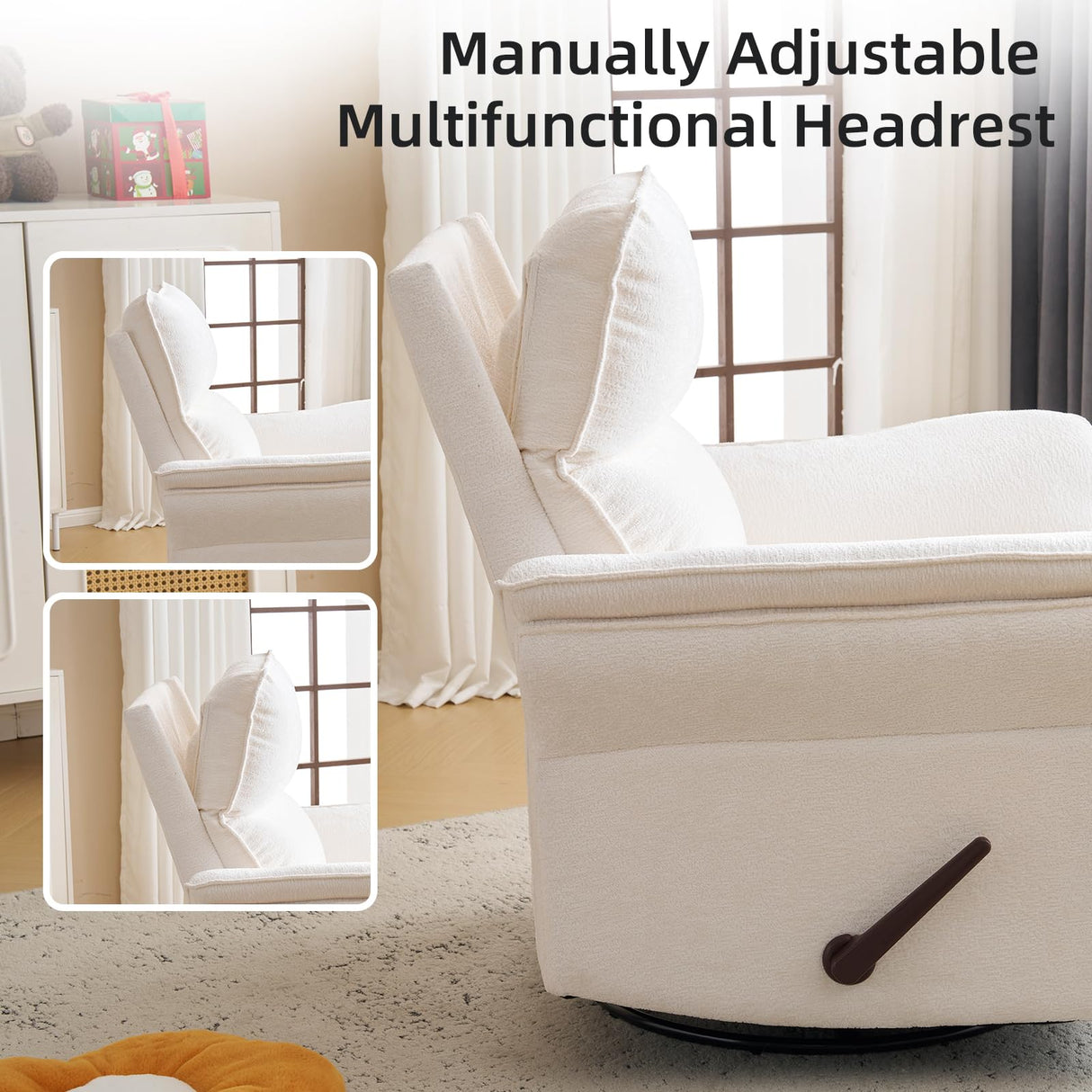 Rhevoy Oversized Recliner Chair, 26" Extra Wide 360° Swivel Rocker Recliner with Adjustable Headrest, Chenille Glider Rocking Nursery Chair with Overstuffed Armrest, Lumbar Support, White Rhevoy