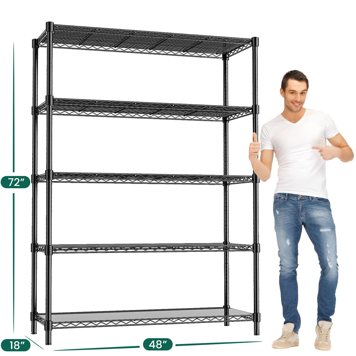 RackBro 48" W Storage Shelves 5-Tier Wire Shelving, 1875LBS Adjustable Metal Shelving with 5 Shelf Liners, Heavy Duty Steel Wire Rack for Garage Commercial Pantry Kitchen, 48" W x 18" D x 72" H, Black RackBro