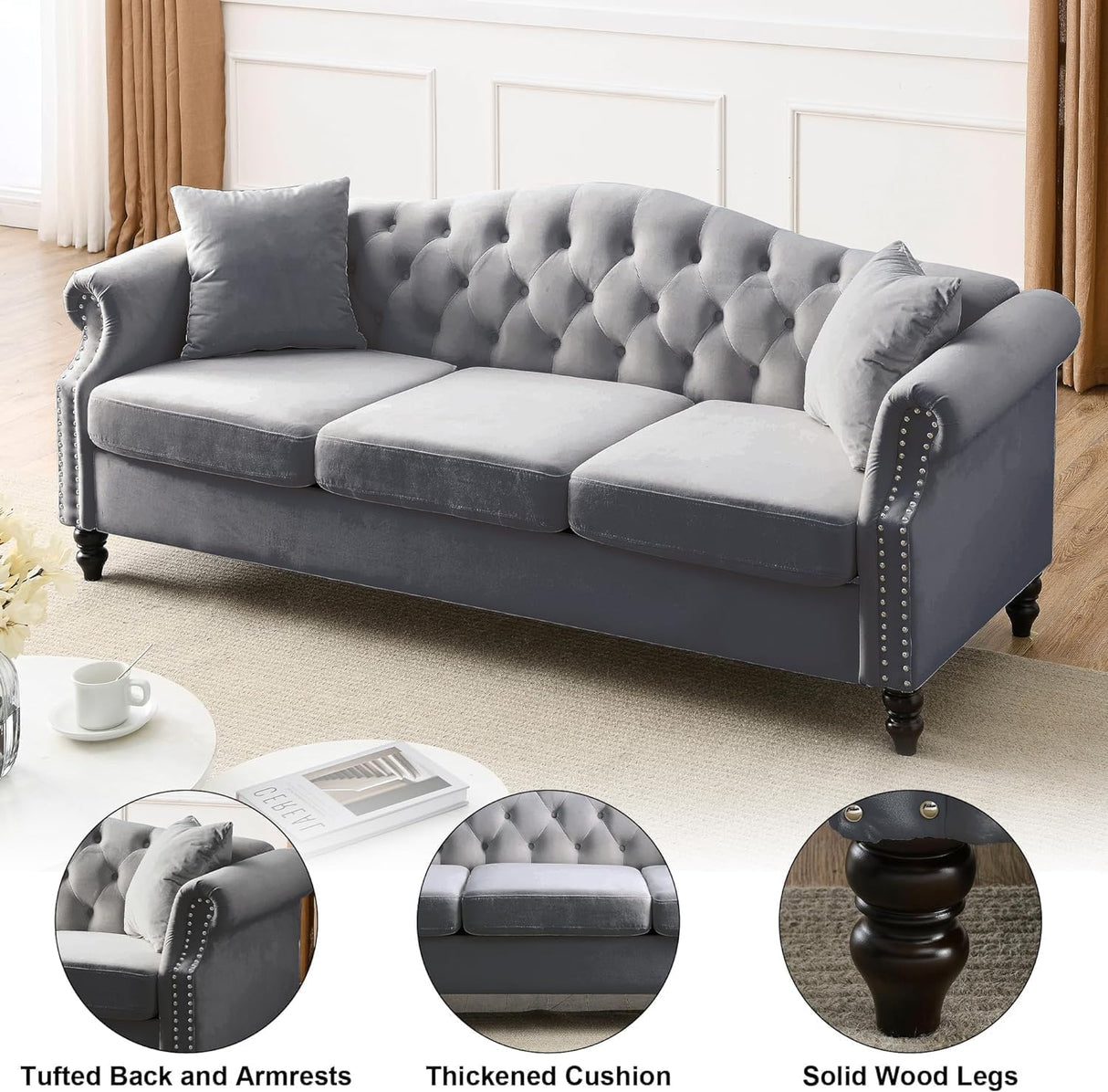 ATUMON 79" Chesterfield Velvet Couch for Living Room, 3-Seater Tufted Sofa with Rolled Arms Nailhead & Two Pillows for Bedroom, Office & Coffee Bar, Gray ATUMON