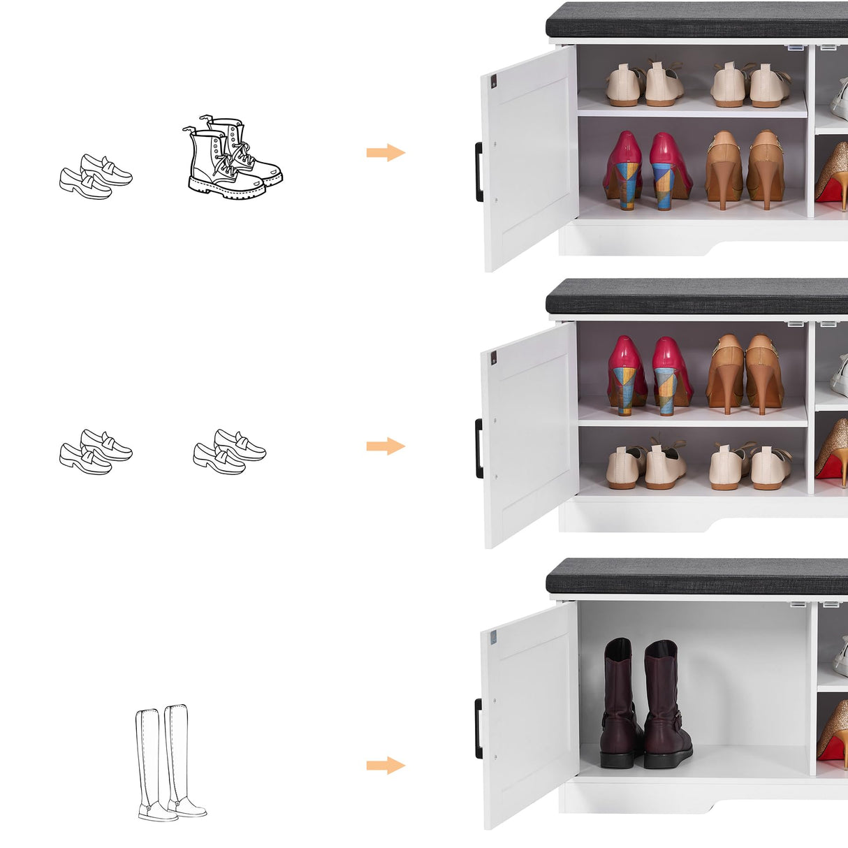 HOMSHO 2-Tier Storage Bench,Shoe Bench with Padded Seat Cushion, Entryway Bench with 2 Barn Doors,Adjustable Shelf, 39.4" L x 13.8" W x 17.7" H, for Entryway, Living Room, Bedroom,White HOMSHO