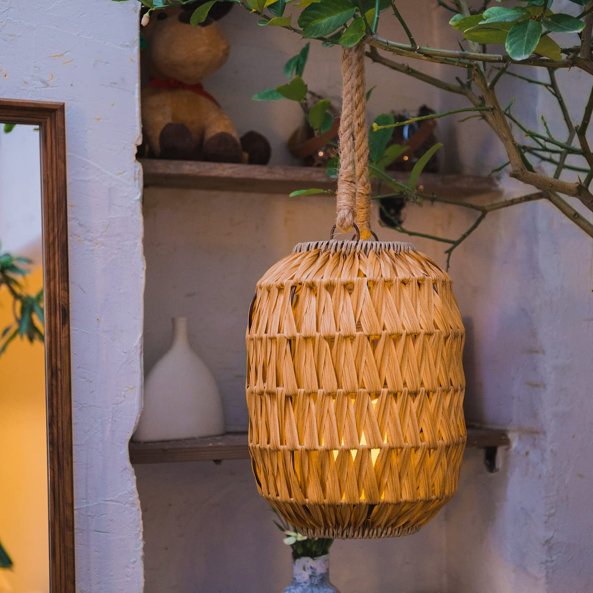 Bdor Candle Hurricane Lantern - 22.4in Decorative Candle Lanterns / Natural Rattan Outdoor Lantern with Removable LED Candle and Burlap Jute Rope Handle, Lantern Decorative for Home, Porches, Hallway Bdor