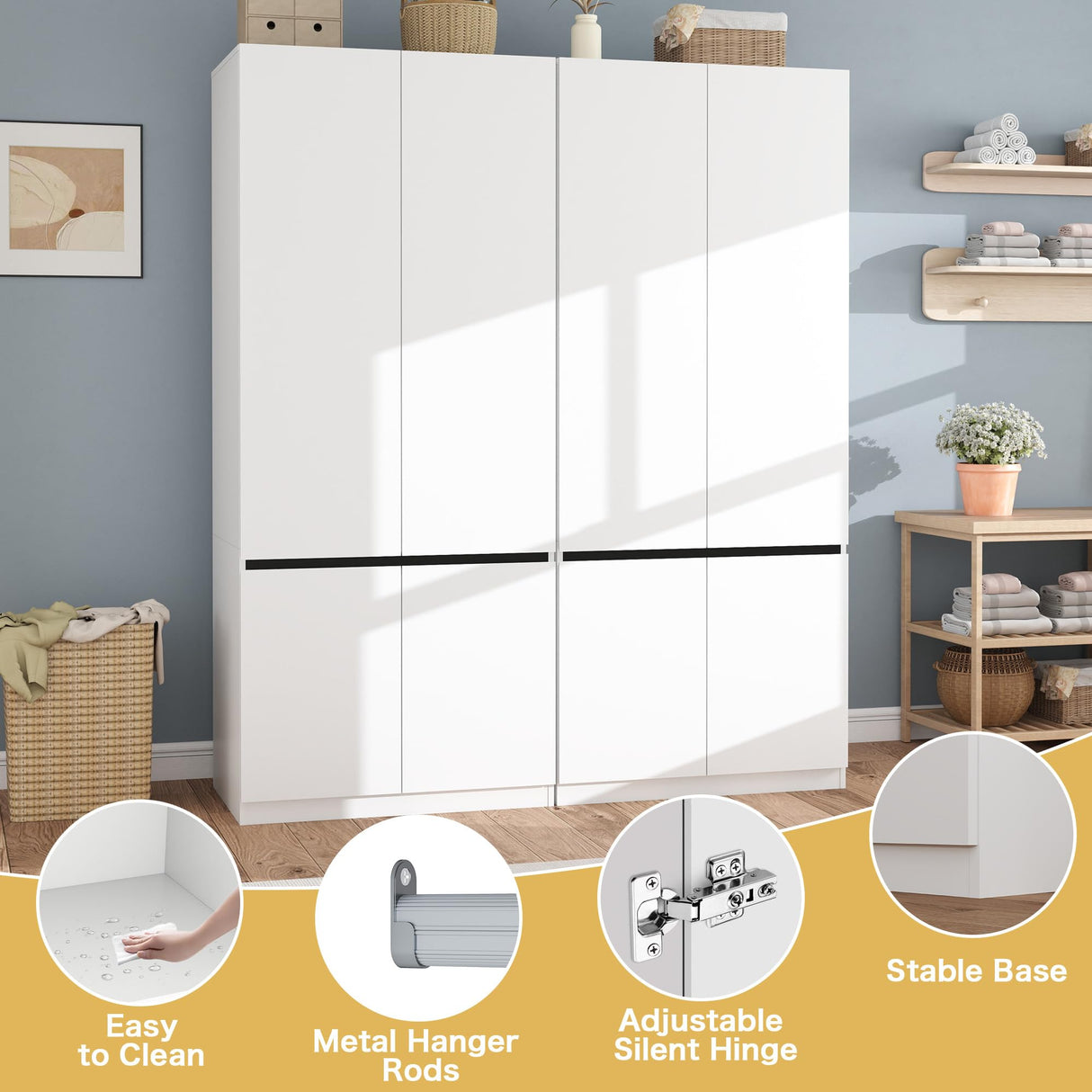 LABROSKIA White Armoire Wardrobe Closet: 74" Wooden Wardrobe Closet with 4 Doors, Bedroom Armoires with Hanging Rod, Tall Closets Cabinet for Hanging Clothes (63") LABROSKIA
