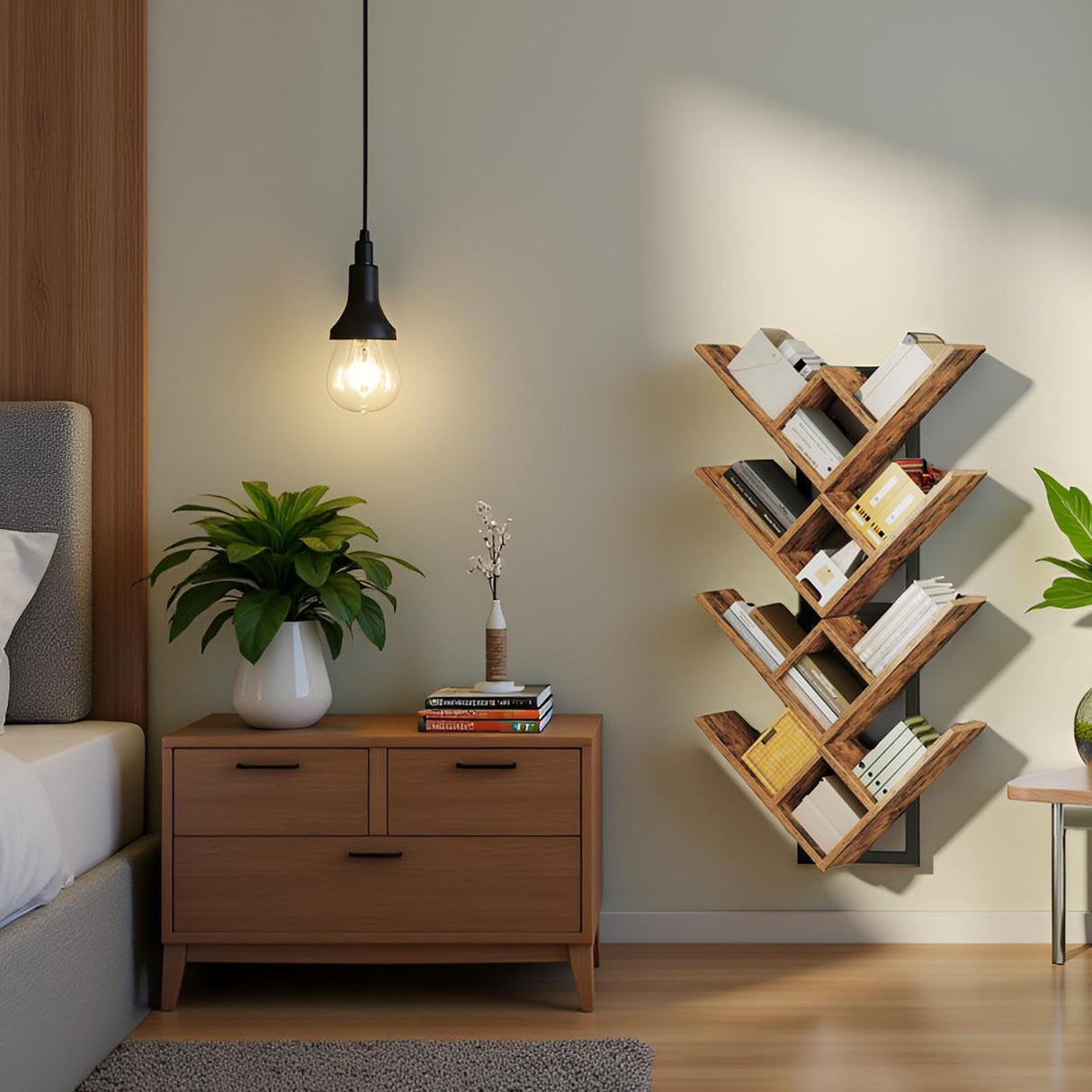 HOOBRO Floating Shelves for Wall, Set of 2 Wall Mounted Shelves, 2-Tier Wooden Tree Bookshelf, Hanging Shelves Storage Rack, for Living Room, Kitchen, Office, Rustic Brown and Black BF54BJP201 HOOBRO