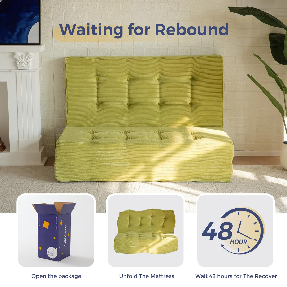 MAXYOYO Tri-Fold Mattress, 6 Inch Tufted Folding Mattress Full Foam Bed, Foldable Floor Couch Guest Bed Topper Portable Camping Sleeper with Corded Fabric, Green, 53"x75" MAXYOYO