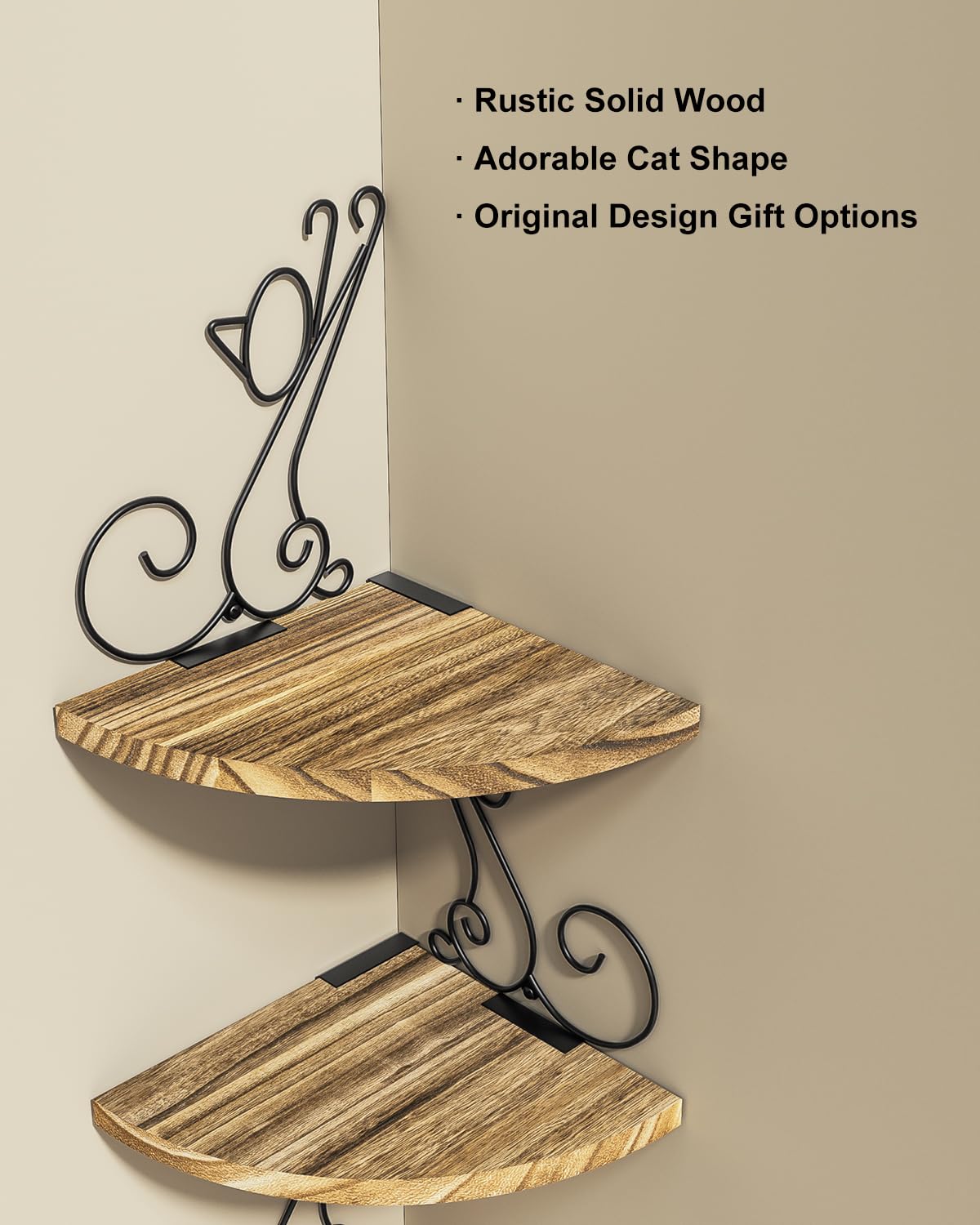 Alsonerbay Wall Mount Corner Shelves 4 Tier Floating Corner Storage Wood Shelves Decorative Rustic Radial Shelf in Cat Shape Carbonized Black Alsonerbay