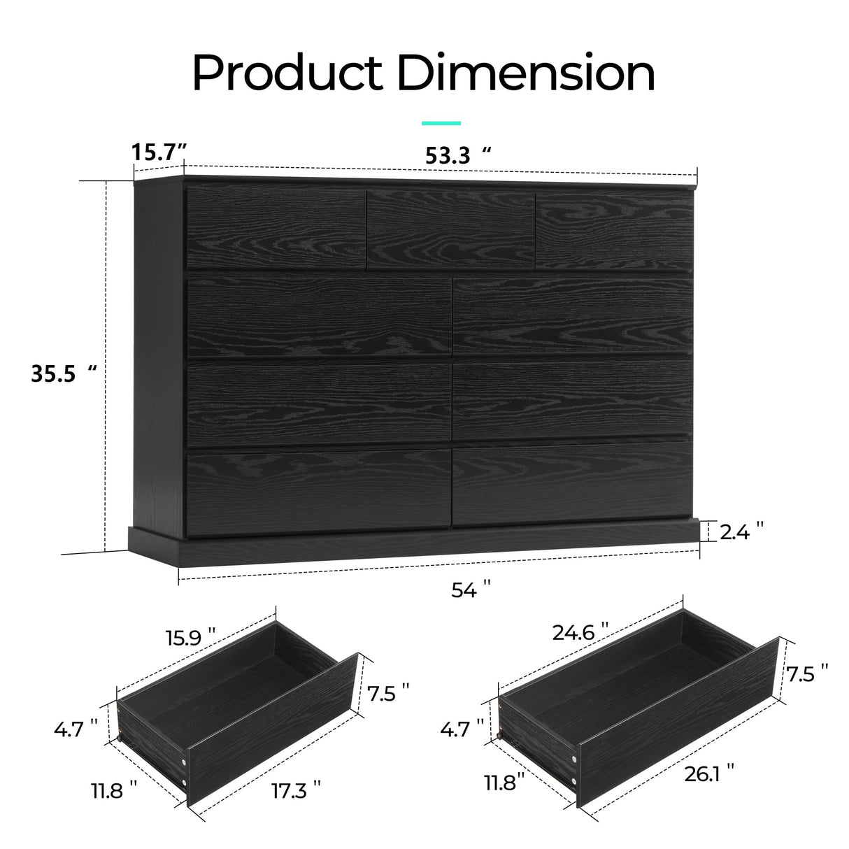 LINSY HOME 9 Drawer Dresser for Bedroom, 53" Wide Chest of Deep Drawers, Modern Farmhouse Wood Dressers with Storage, Large Drawer Organizer for Bedroom, Living Room, Handless Design, Black LINSY HOME