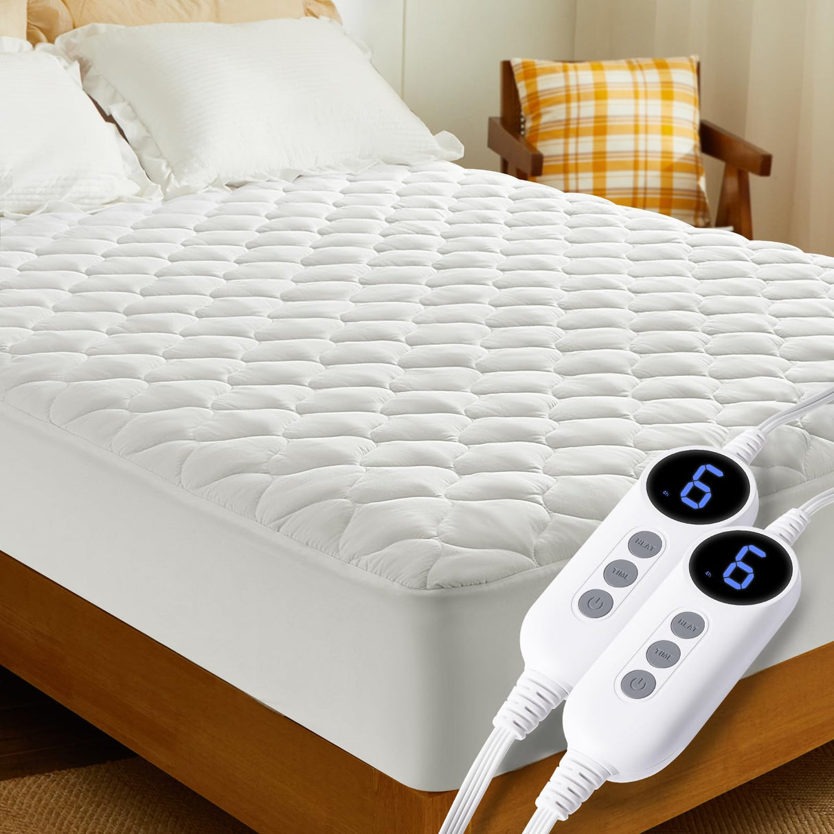 HYLEORY Heated Mattress Pad King Size Dual Control, Fast Heating Bed Warmer, Electric Mattress Pad Cover with Deep Pocket 9 Heat Settings, 10 H Auto Shut Off, Machine Washable, White 78"*80" HYLEORY