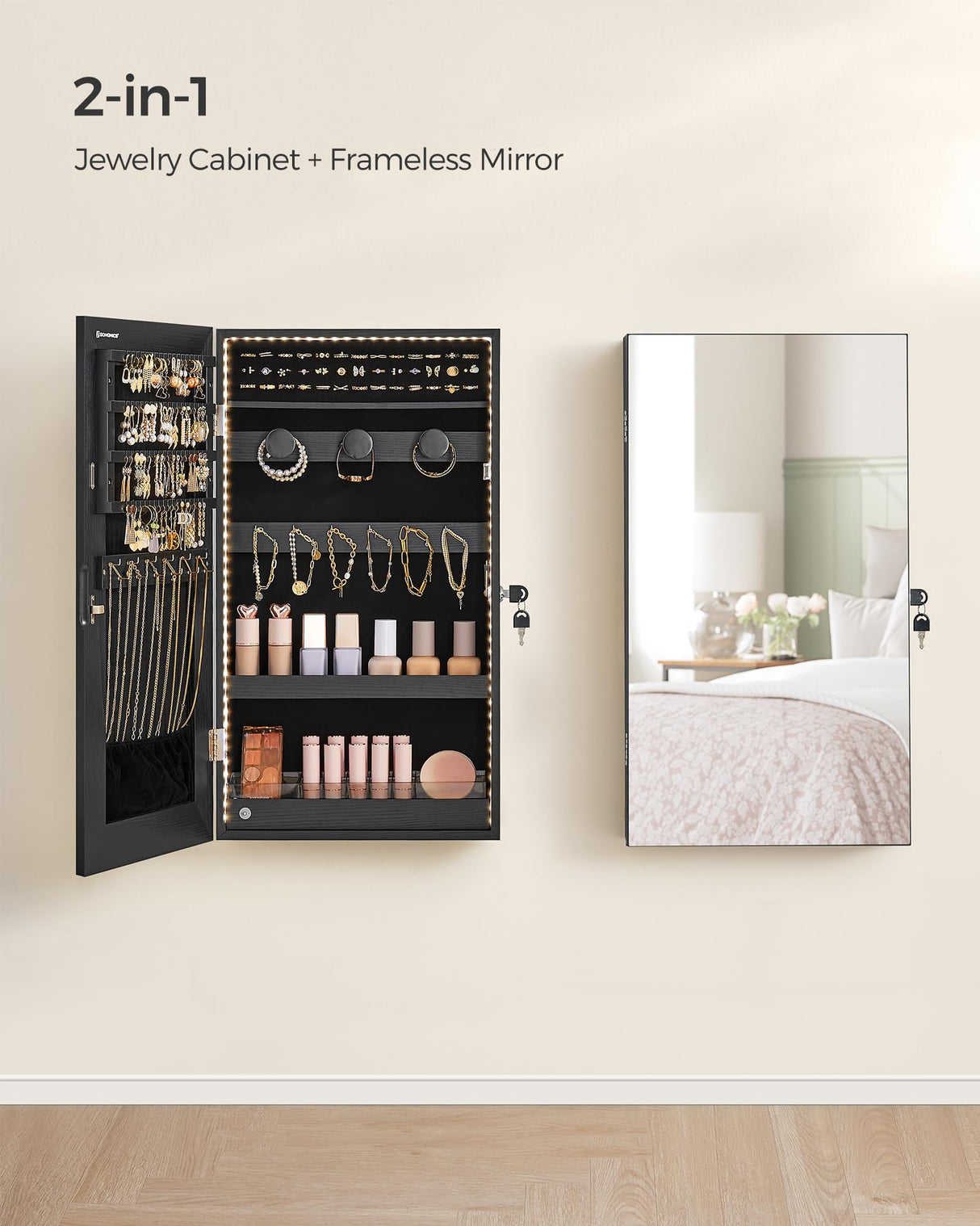 SONGMICS Mirror Jewelry Cabinet Armoire with Built-in LED Lights, Wall or Door Mounted Jewelry Storage Organizer, 3.8 x 14.6 x 26.4 Inches Hanging Mirror Cabinet, Gift Idea, Black UJJC050B01 SONGMICS