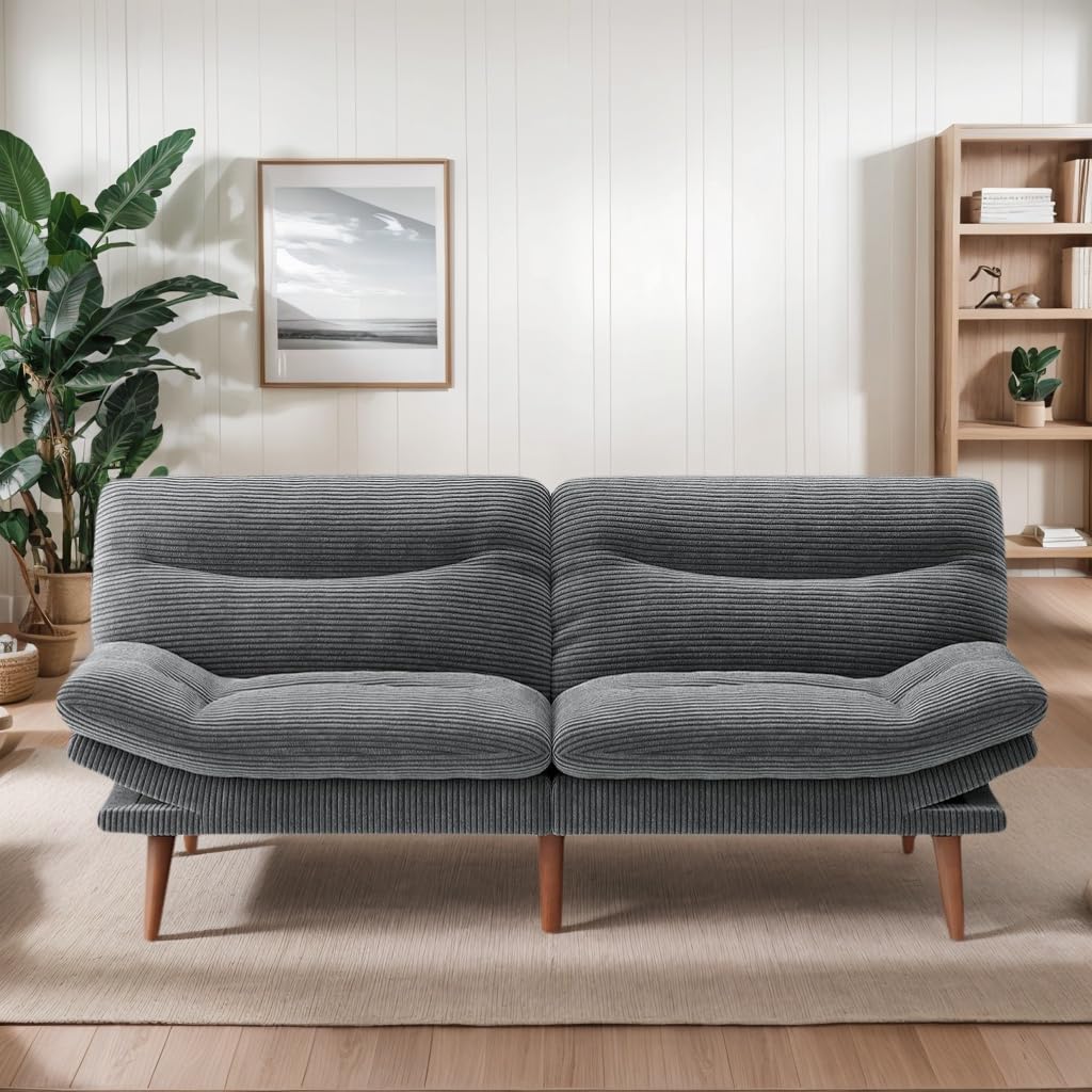 Futon Sofa Bed, 3-in-1 Futon Couch w/Adjustable Backrest & Armrests, Corduroy Convertible Sleeper Sofa Bed, Folding Sleeper Recliner w/Removable Cushion for Apartment, Living Room, Office(66in, Grey) AMADA HOMEFURNISHING