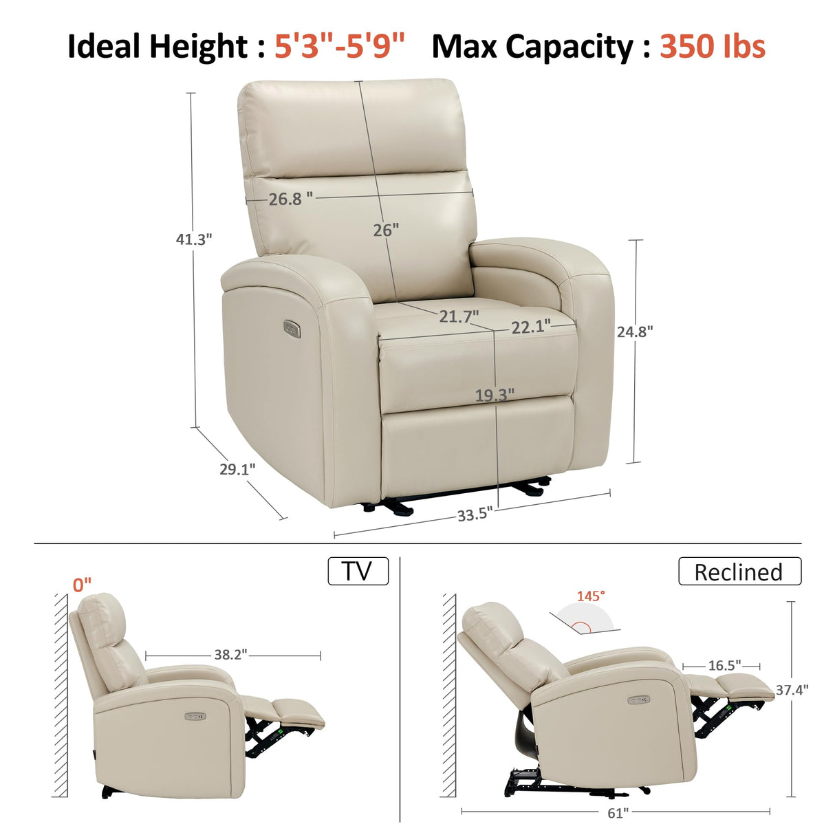 MCombo Zero Wall Recliner Chair, Power Wall Hugger Recliner with USB & Type-C Dual Charge Ports, for Small Space, Living Room, RV PR644 (Beige) MCombo