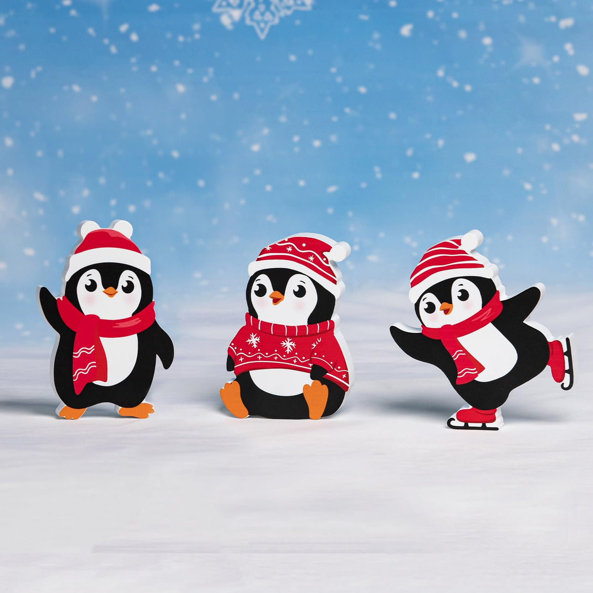 COCHIE Penguin Christmas Decorations Indoor, Cute Penguins Winter Tiered Tray Decor Set of 3, Wooden Penguin Blocks Xmas Table Decoration for Party Home Office Shelf Door (Red) COCHIE