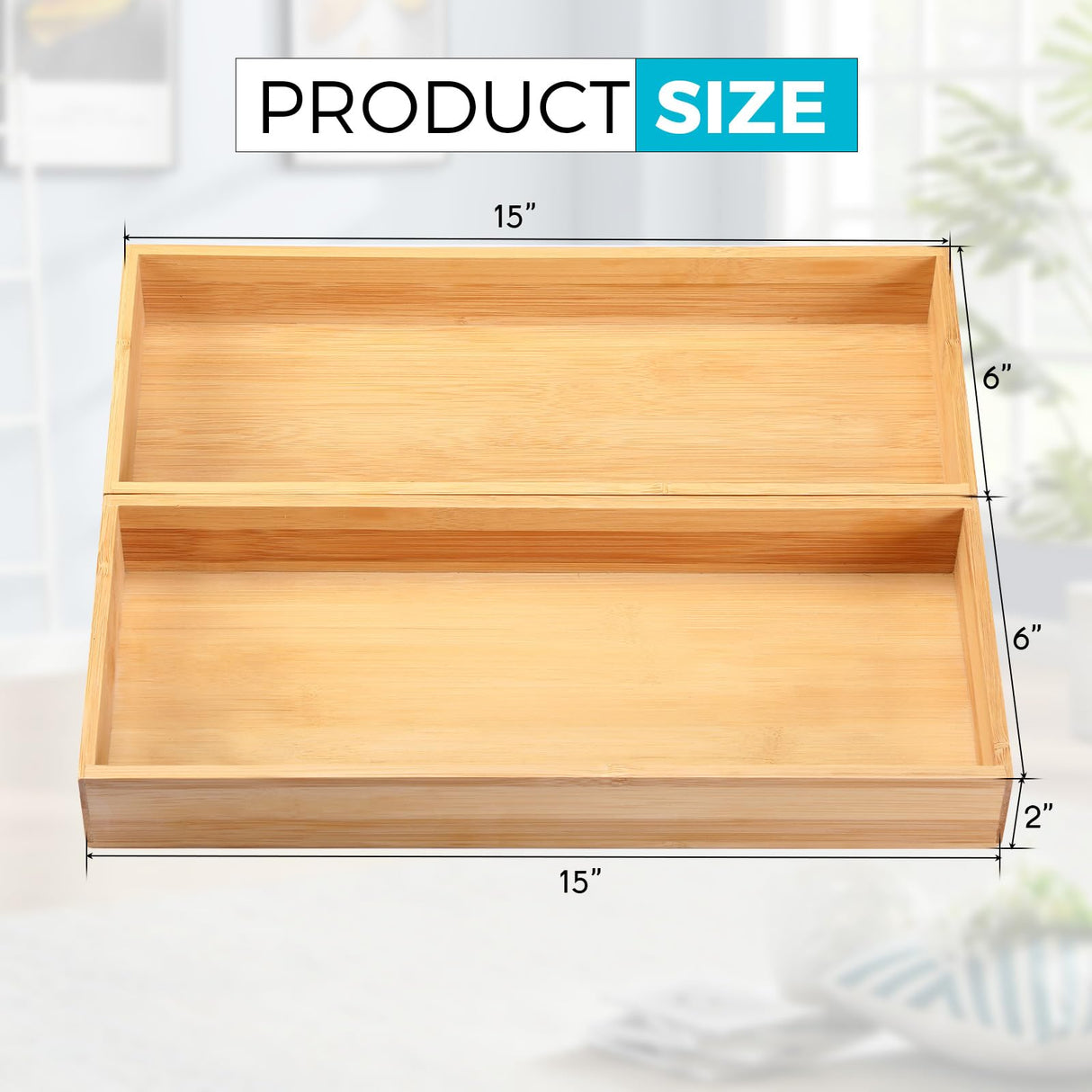 Fabsome Kitchen Utensil Drawer Organizer, Bamboo Silverware Cutlery Flatware Organizer Bins, Wooden Container Storage Trays for Bathroom Vanity Junk Drawer, 15" x 6" Set of 2 Fabsome