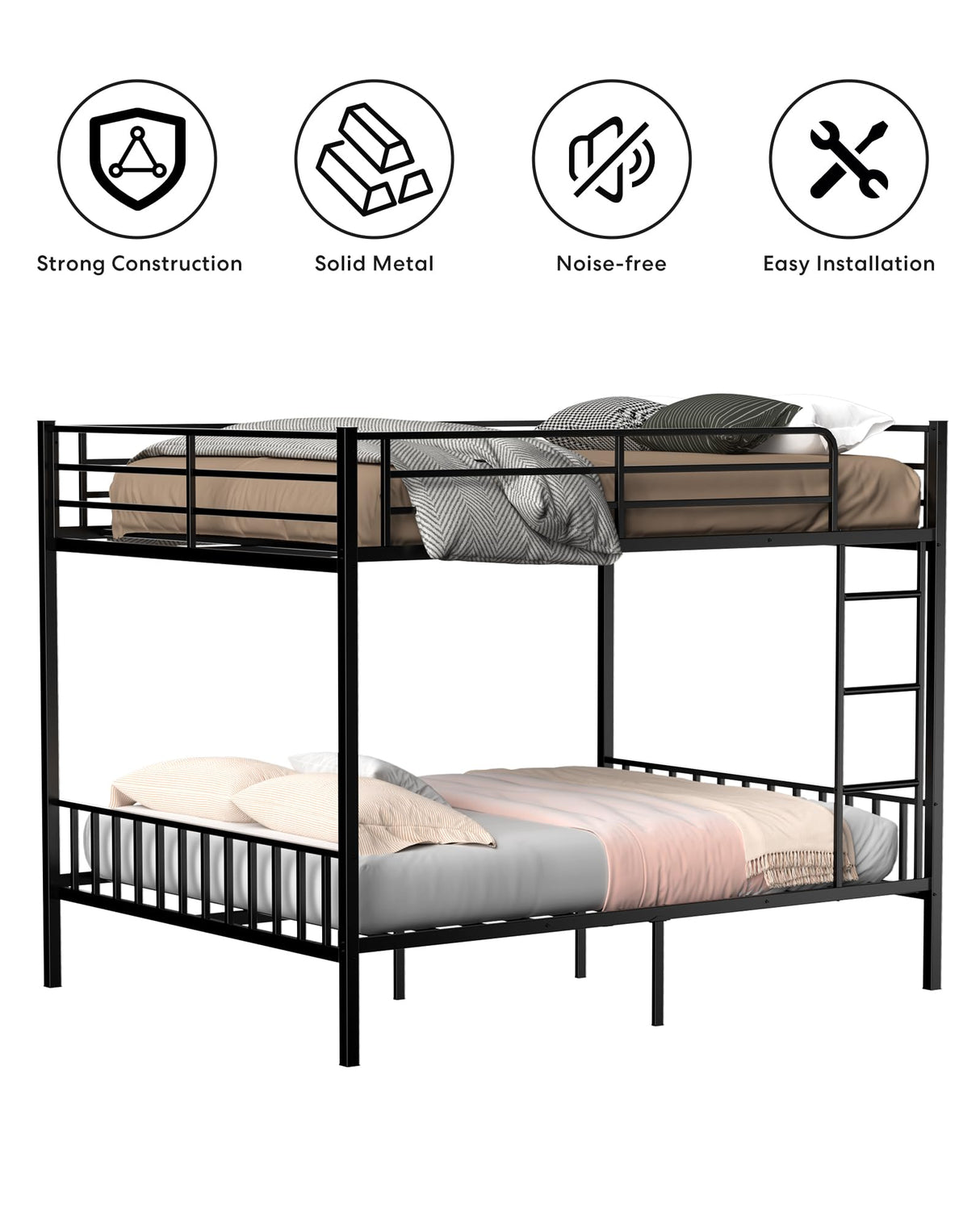 Feetice Queen Over Queen Bunk Bed, Heavy Duty Metal Bunk Bed with PVC Anti-Slip Ladder & Full-Length Guardrails, Noise-Free Bunk Bed Frame for Adults, Teens, Black Feetice
