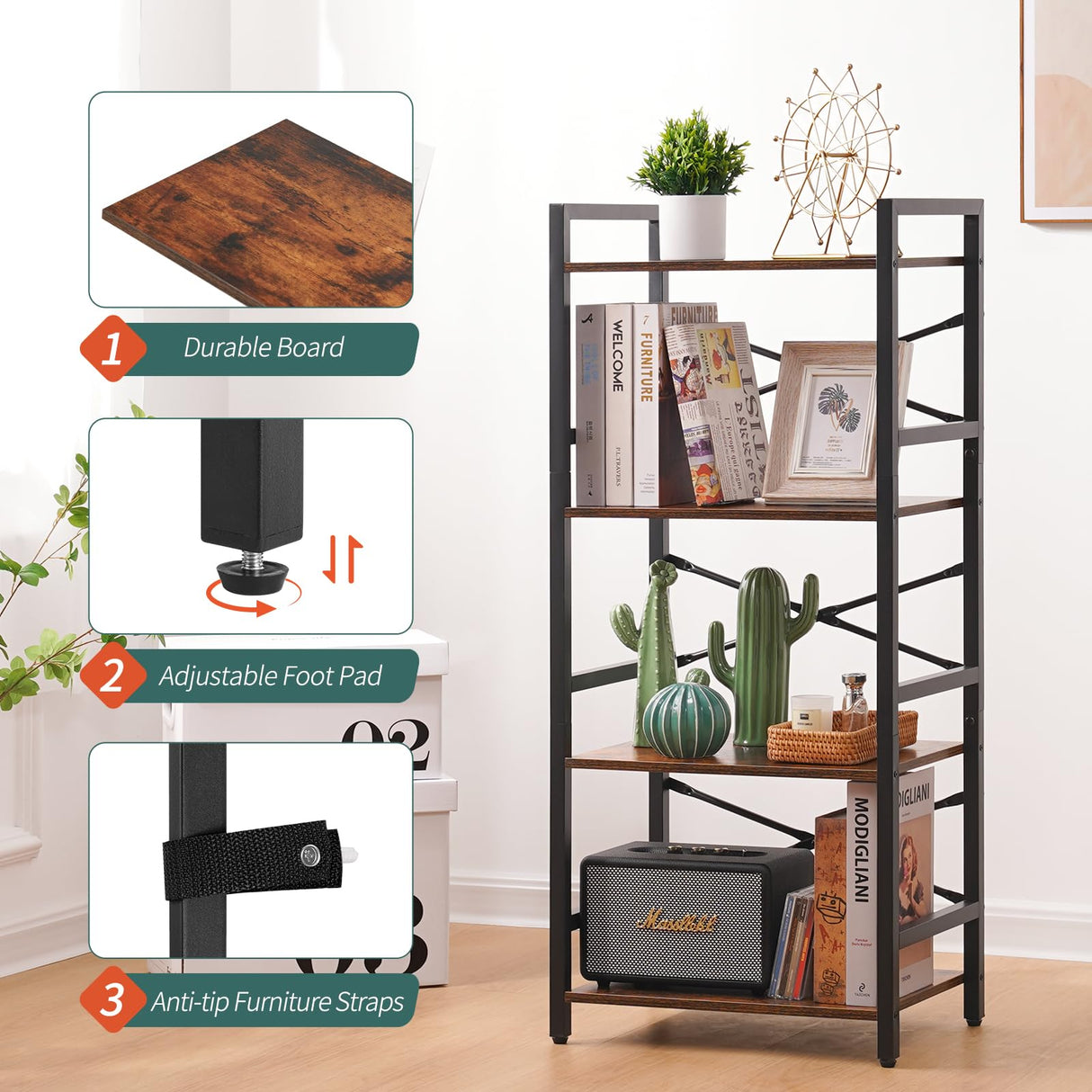 Yoobure 4 Tier Bookshelf - Small Book Shelf Industrial Bookcase, Narrow Book Case Book Storage Organizer for CD/Movie/Book, Bookshelves for Bedroom Office Living Room Berry Brown Yoobure