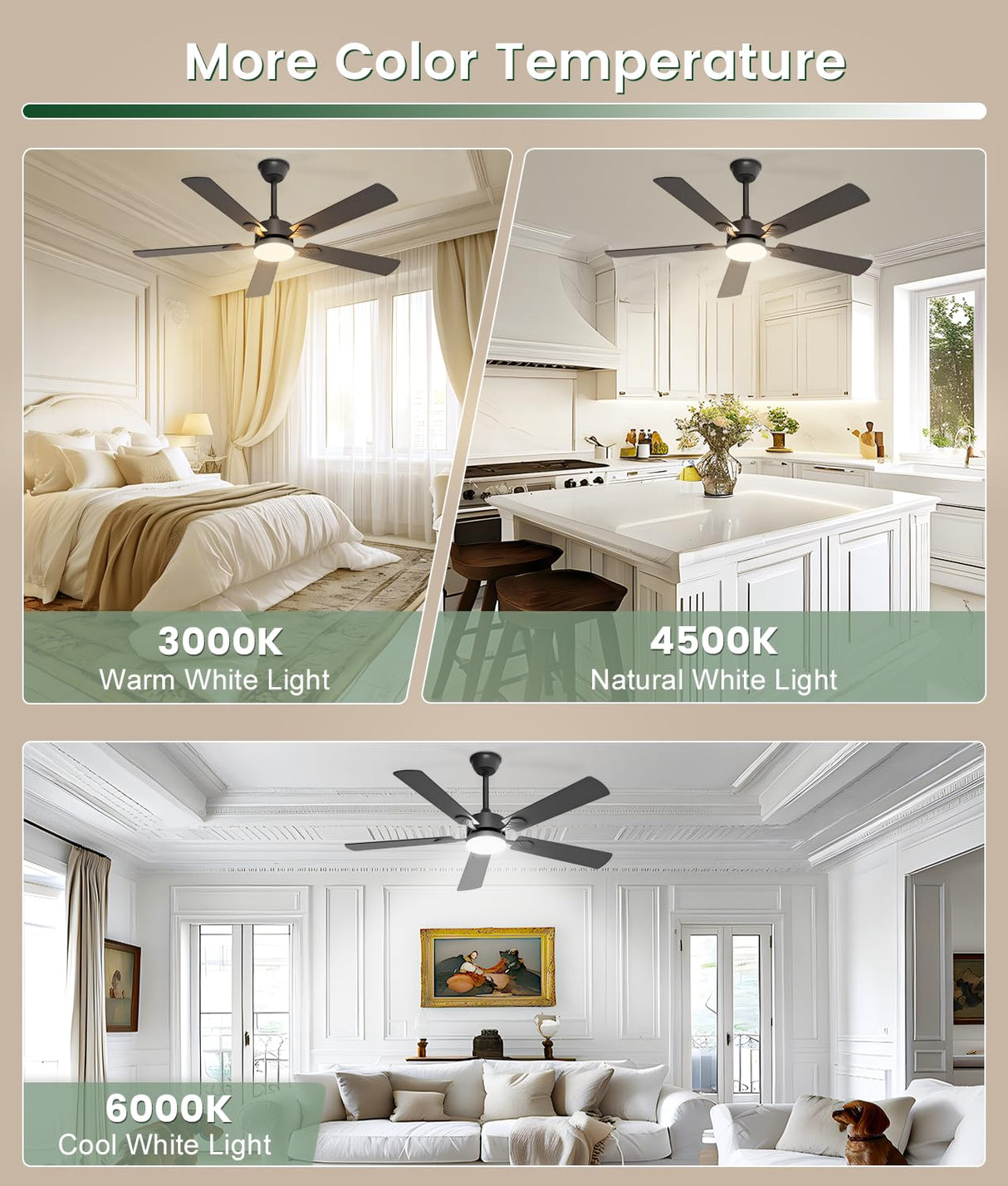 JOFIOS Ceiling Fans with Lights,52 inch Ceiling Fan with Light and Remote,Reversible,3CCT,6 speeds,Dimmable,Noiseless,Black Ceiling Fan for Bedroom, Kitchen,Living Room JOFIOS