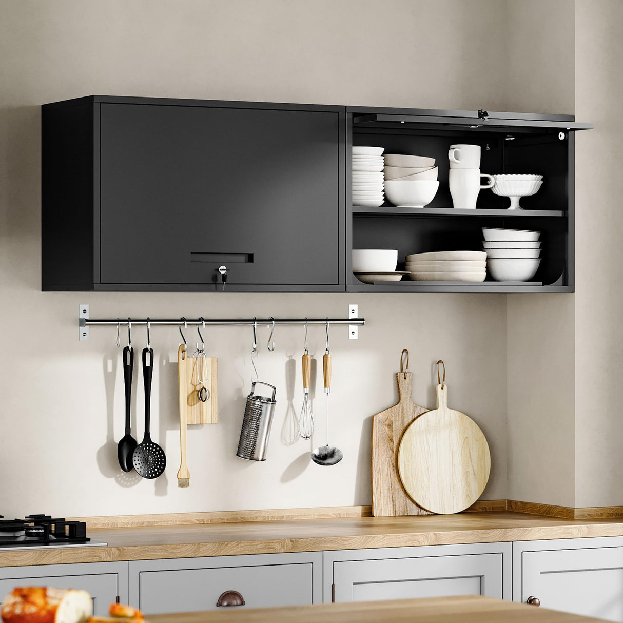 Yizosh Metal Garage Wall Cabinet with Doors and Shelves, Wall Mounted Metal Storage Cabinet, Floating Garage Tool Cabinet for Garage, Basement, Kitchen, Warehouse (Black, 21.6" H) Yizosh