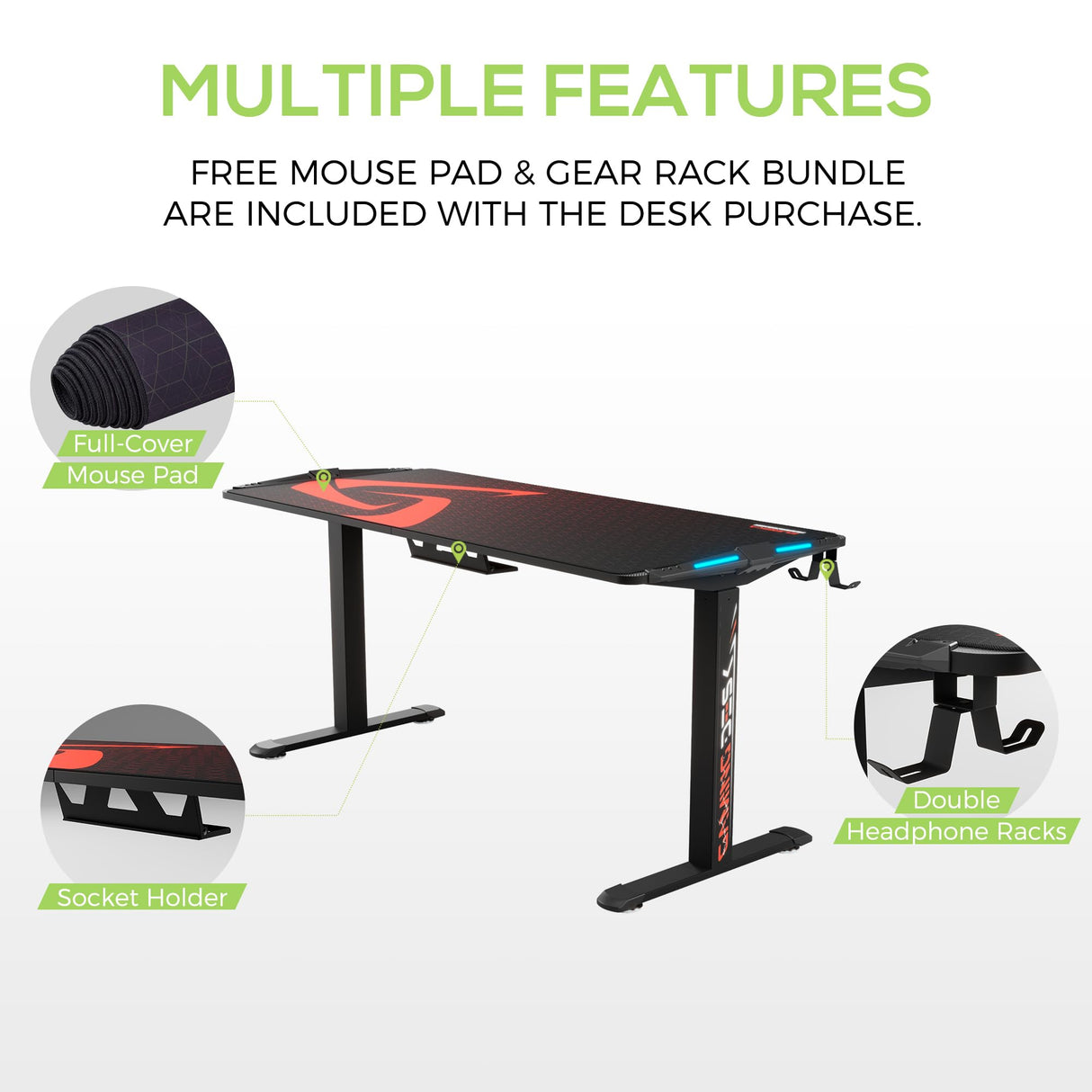 EUREKA ERGONOMIC Gaming Desk 65 inch Electric Standing Desk Height Adjustable, Large Gaming Computer Desk with RGB LED Lights Home Office Desk with Extended Gaming Mouse mat for Gamer, Black EUREKA ERGONOMIC
