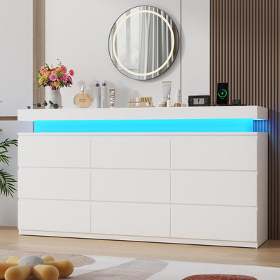 St.Mandyu 9 Drawer Dresser with Power Outlet, 63" Wide Dresser with LED Light, Modern Chest of Drawers for Closet, Double Drawer Organizer Cabinet for Bedroom, Living Room, White