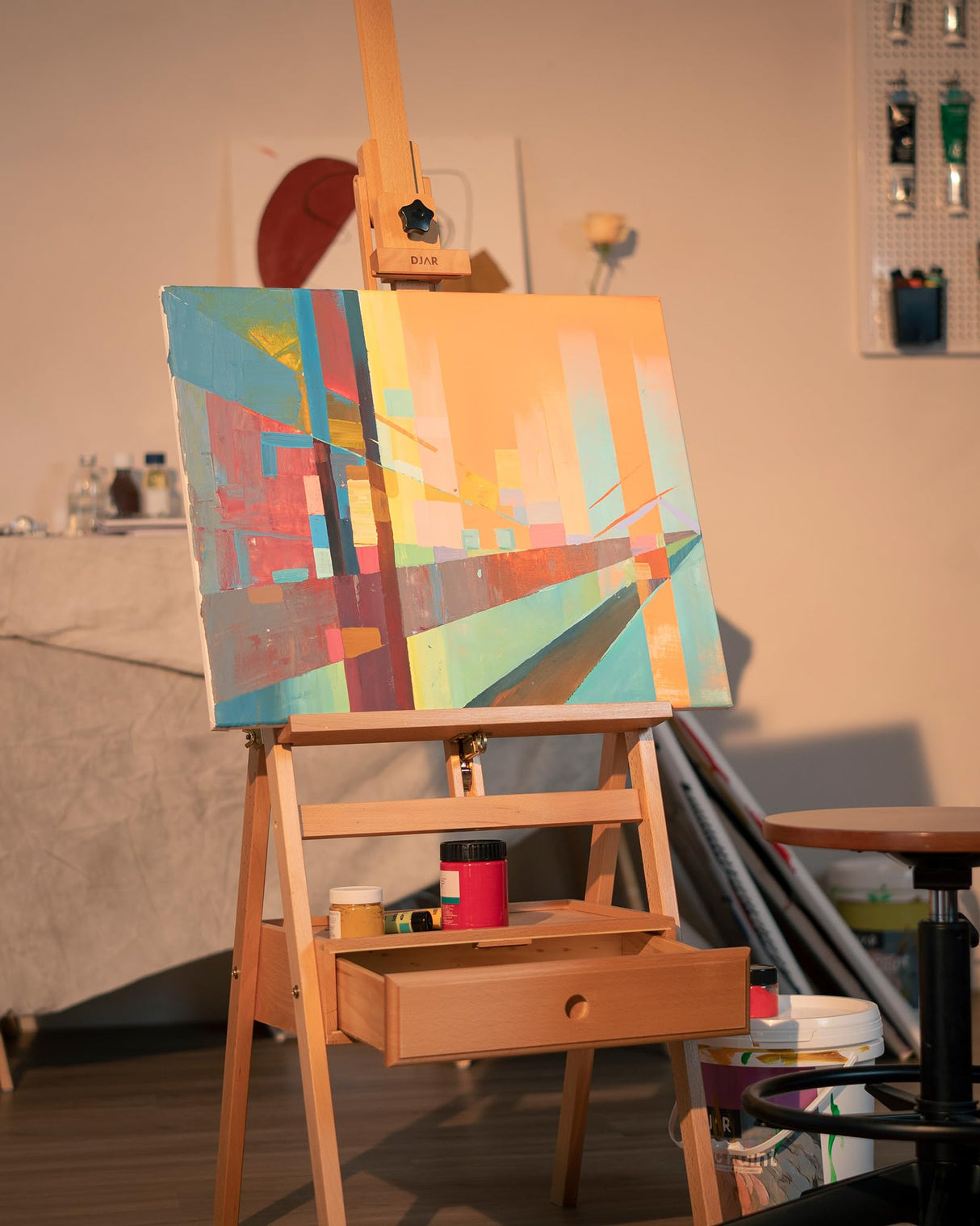 DJAR Large Art H-Frame Easel with Storage Drawer and Shelf, Middle Mast Adjustable to 75", Solid Beech Wood Painting Wooden Easel for Adults, Students, Hold Canvas up to 36", Natural DJAR